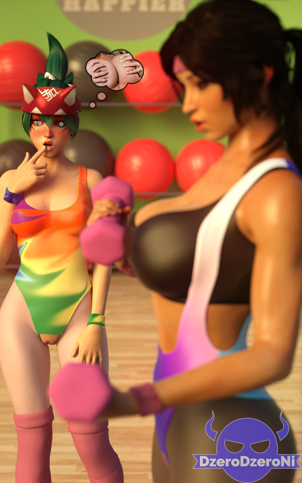 2girls, 3d, athletic, athletic female, blizzard entertainment, breast awe, breasts, busty, crossover, dzerodzeroni, female, female focus, female only, hourglass figure, kiriko (overwatch), lara croft, lara croft (survivor), overwatch, tagme, tomb raider, tomb raider (survivor), wide hips, yuri