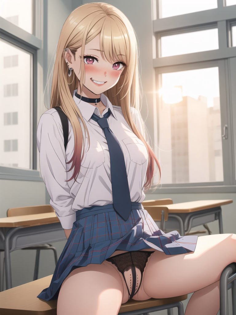 ai_generated classroom dressing_up kitagawa_marin lifting_skirt school_uniform sitting sono_bisque_doll_wa_koi_wo_suru