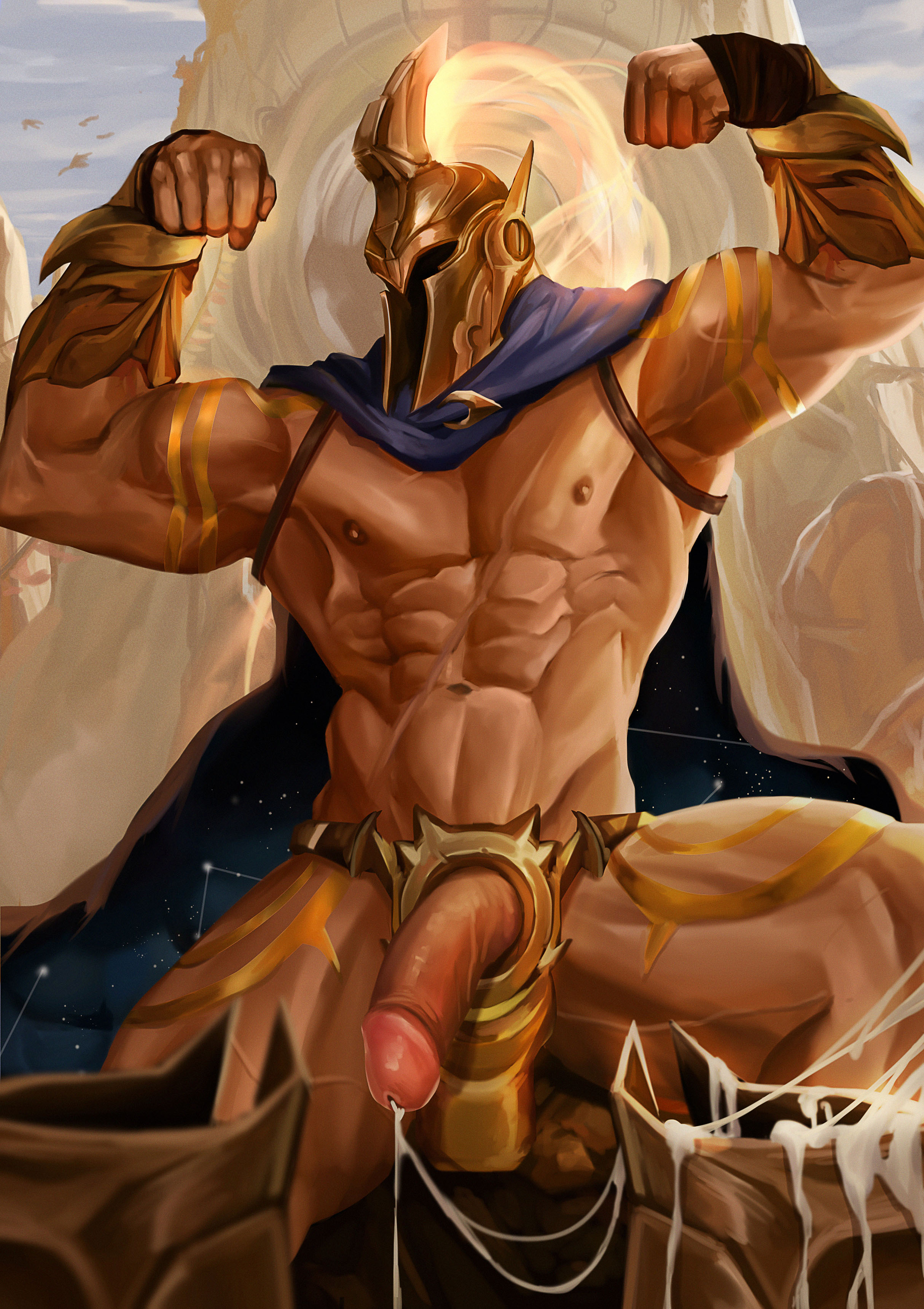 1boy, abs, atreus (league of legends), balls, bara, biceps, big balls, big penis, cape, cum, cum drip, cum dripping from penis, flaccid, flaccid penis, gay, genital fluids, helmet, hi res, highres, league of legends, male, male focus, male only, muscular, muscular male, nipples, no male underwear, nude, pantheon, penis, riot games, solo, solo male, tattoos, yaoi