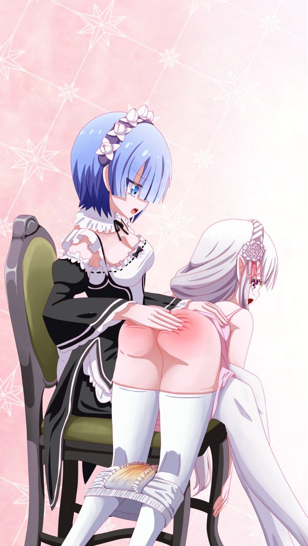 barkyhito diaper diaper_fetish emilia_(re:zero) over_the_knee_spanking re:zero_kara_hajimeru_isekai_seikatsu rem_(re:zero) spanking spanking_ass spanking_butt wet_diaper