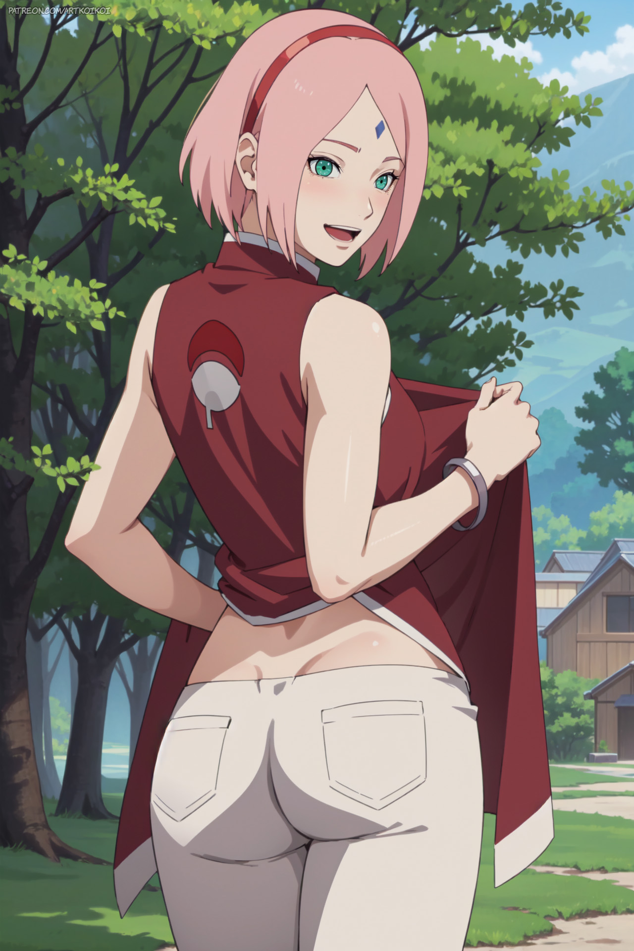 1girls, ai generated, boruto: naruto next generations, dress, facial mark, female, female focus, forehead mark, forest, from behind, green eyes, hair ornament, hairband, haruno sakura, koikoi, light skin, light-skinned female, long hair, mature, mature female, milf, nai diffusion, naruto, naruto (series), nature, outdoors, pants, petite, pink hair, sakura haruno, solo, stable diffusion, uchiha symbol, undressing