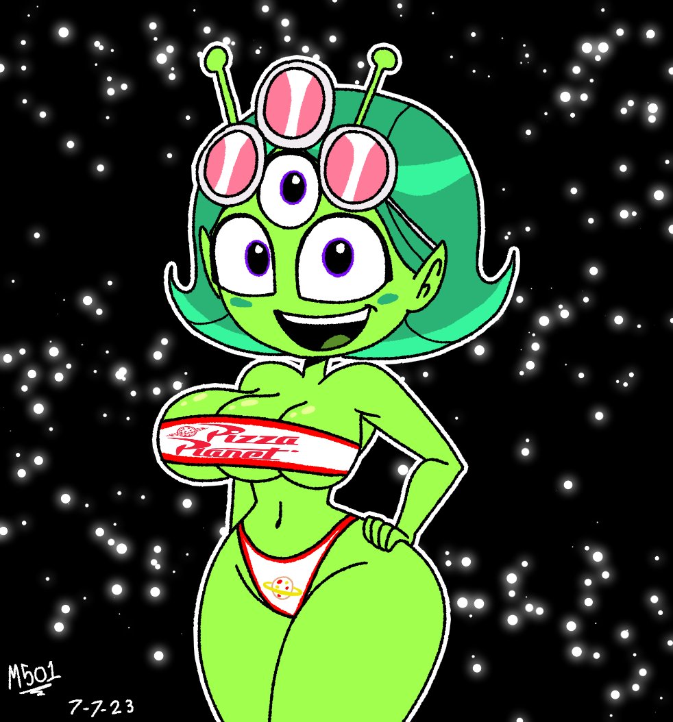 1girls 3_breasts 3_eyes alien alien_girl antenna artist_logo artist_signature atomickingboo green_hair green_skin green_tongue hand_on_hip looking_at_viewer lou_lou montatora-501 multi_eye omegusmaximus open_mouth original_character pizza_print_bikini purple_eyes short_hair smile space_ranger starry_background sunglasses the_space_angels two_piece_swimsuit