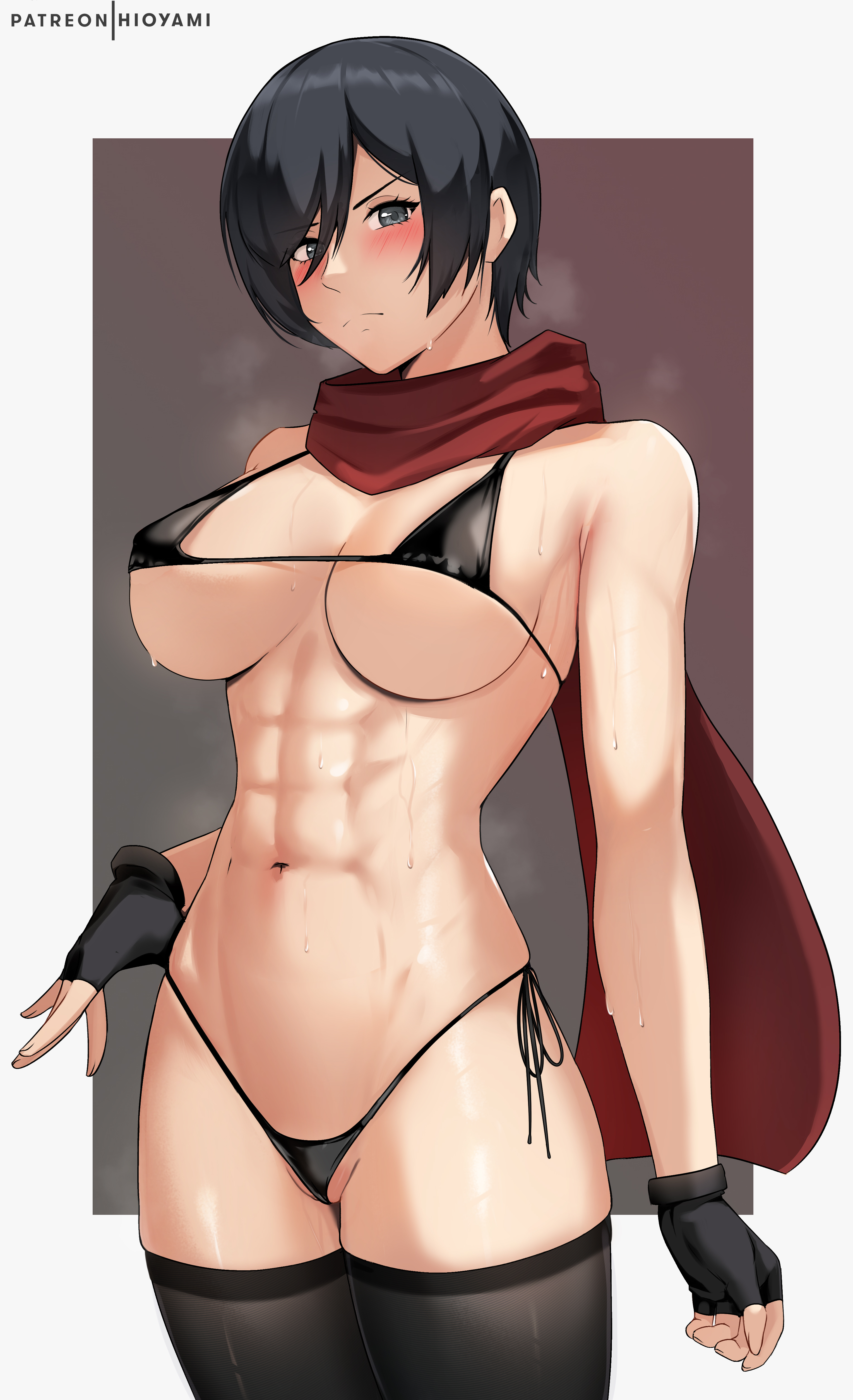 1girls, 2023, abs, absurd res, alternate version available, attack on titan, black hair, breasts, curvaceous, curvy body, curvy figure, female, female focus, female only, gloves, hioyami, huge breasts, looking at viewer, mikasa ackerman, seductive look, shingeki no kyojin, thong, voluptuous, voluptuous female