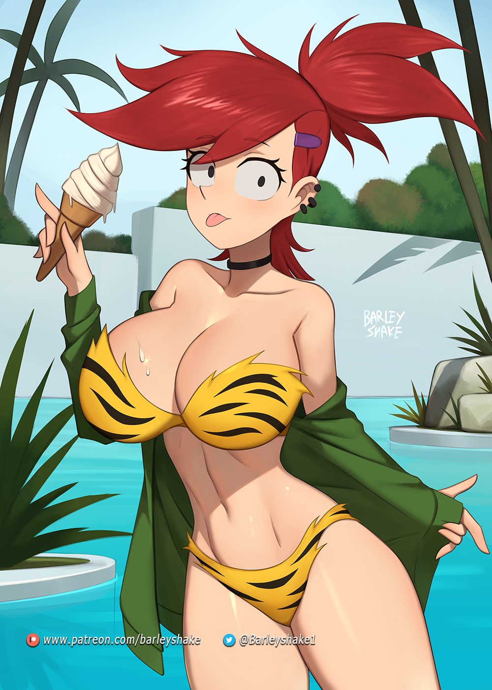 1girls, barleyshake, big breasts, bikini, bikini bottom, bikini top, breasts, choker, cleavage, cosplay, ear piercing, eyebrows, eyelashes, female, female only, foster's home for imaginary friends, frankie foster, huge breasts, ice cream, large breasts, light skin, light-skinned female, looking at viewer, lum (cosplay), navel, ponytail, red hair, short hair, solo, solo female, solo focus, swimwear, thighs, tongue, tongue out, underboob, urusei yatsura, water, wide hips, wings