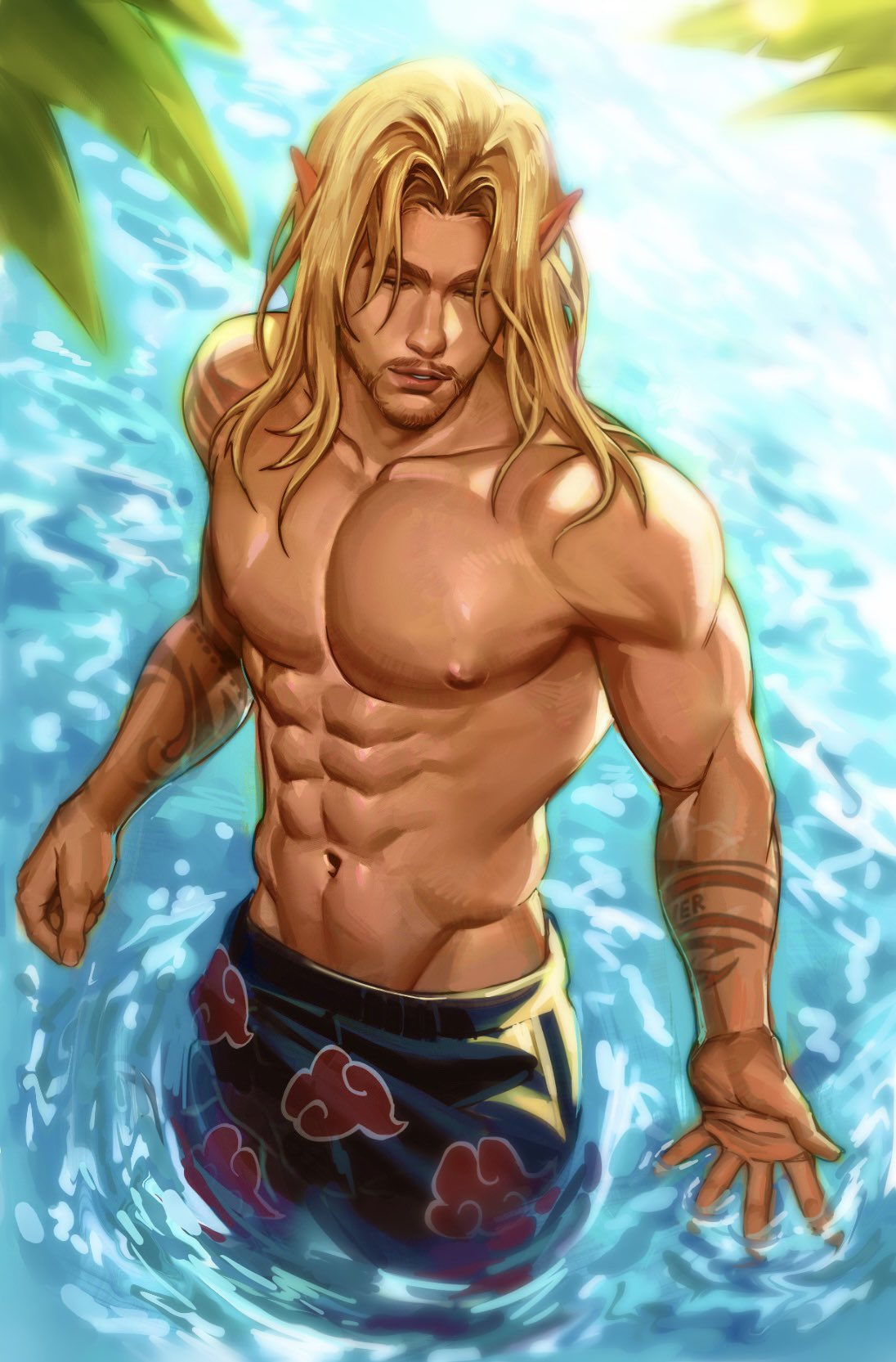 abs blonde clothing colored elf_ears forever_(content_creator) male male_only mcyt muscles muscular muscular_male oddkari qsmp tan_body water