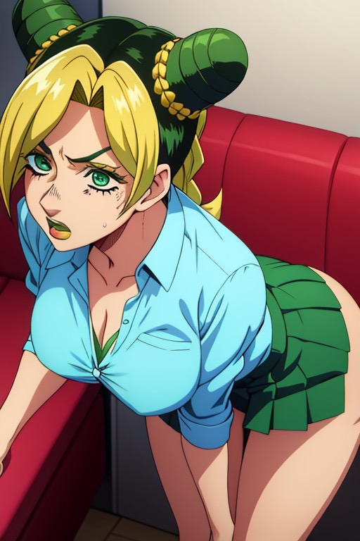 ai generated, ass, bending over, bent over, big ass, big breasts, big butt, breasts, female, green eyes, green hair, green lipstick, microskirt, office clothing, office lady, original, pleated skirt, short skirt, skirt, thighs, tight clothing