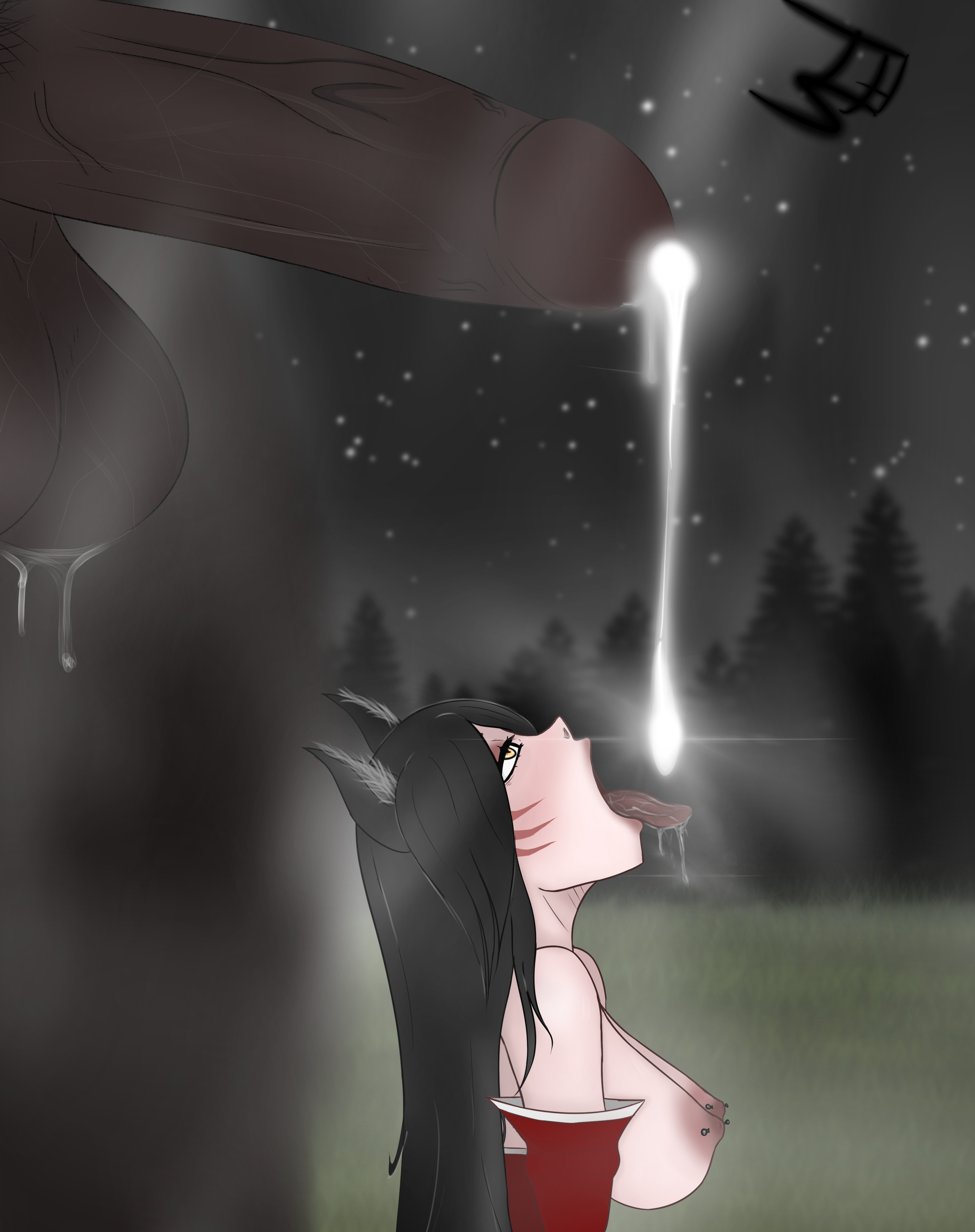 9 tails, ahri, balls, breasts, cum, cum drip, dark skin, dark-skinned male, drooling, female, interracial, large balls, large breasts, large penis, league of legends, male, multi tail, musk, nine tailed fox, penis, themistocles, tongue, tongue out, vastaya