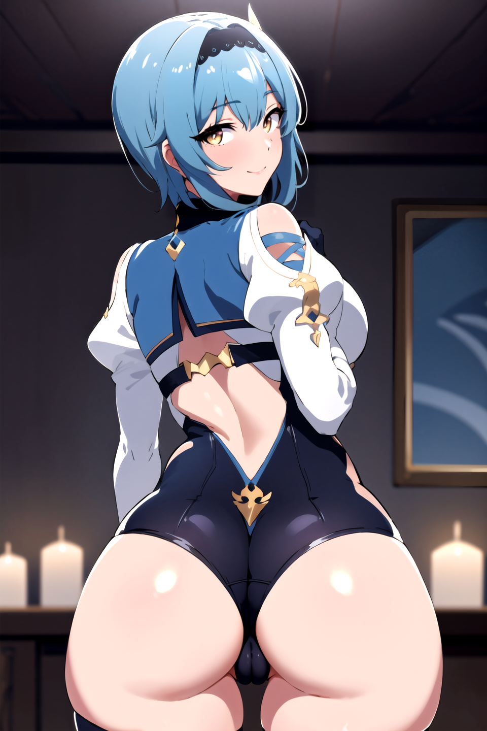 ai generated, ass, ass focus, bare shoulders, blue hair, breasts, eula (genshin impact), female, from behind, genshin impact, gloves, hair ornament, hairband, huge ass, large breasts, leotard, long hair, looking at viewer, looking back, naughty face, shiny, shiny clothes, shiny hair, shiny skin, sideboob, smile, solo, thick thighs, thighhighs, yellow eyes