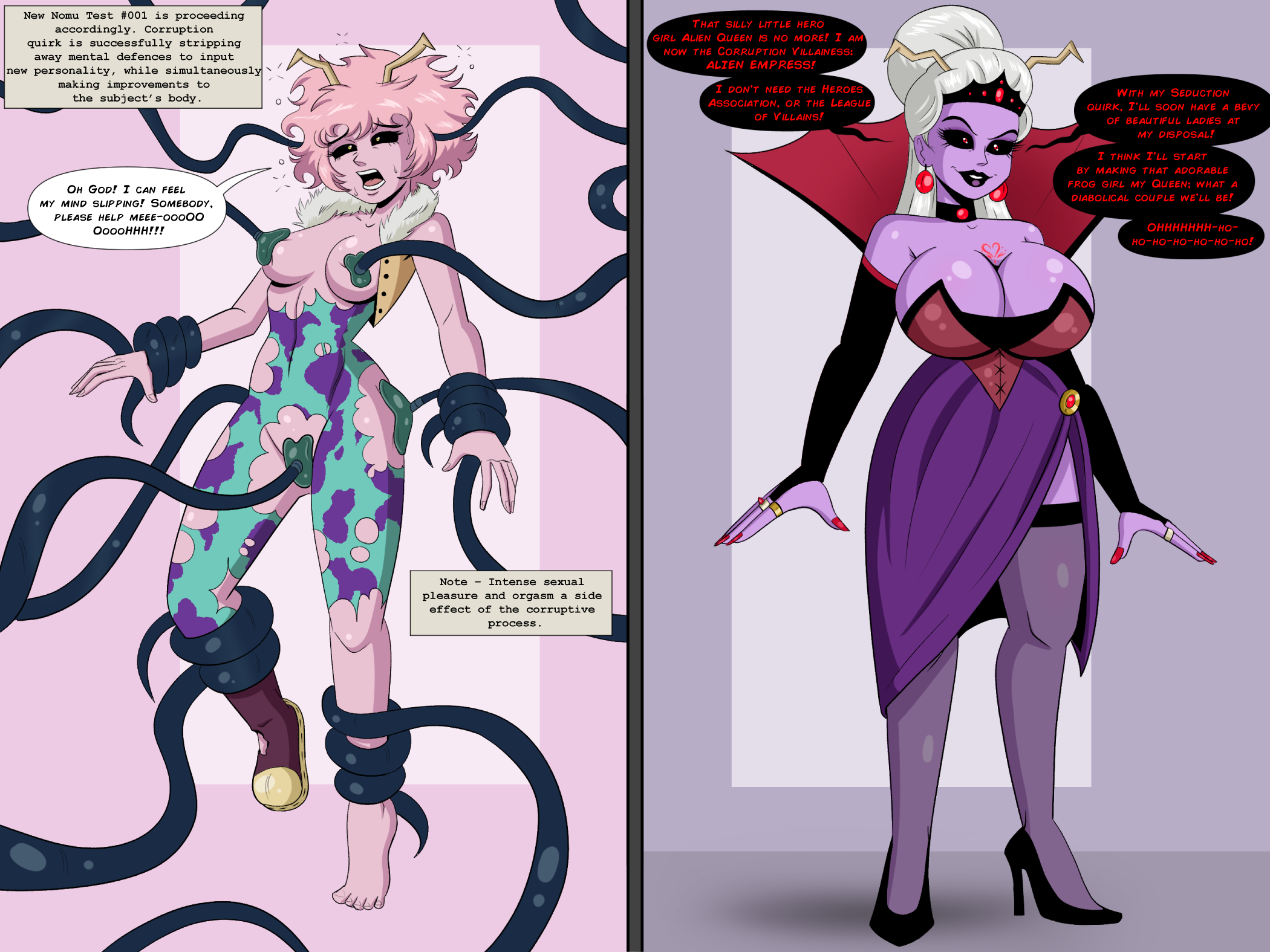 ashido mina, ass, ass expansion, brainwashing, breast expansion, breast growth, breast growth (enlargement), breasts, clothing, ear penetration, english text, eye color change, female, hair color change, hair growth, high heels, huge ass, huge breasts, identity death, lip expansion, lips, mina ashido, my hero academia, open mouth, penetration, polmanning, pussy, restrained, short hair, skin color change, spread legs, suspension, takeover, tentacle, text, thick thighs, thigh expansion, torn clothes, transformation, vaginal penetration, wide hips