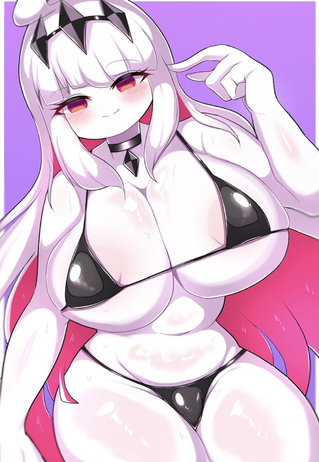 1girls, areolae, beni imo, beni imo (beniimo45450721), big breasts, bikini, black bikini, blush, breasts, choker, female, female only, friday night funkin, friday night funkin mod, huge breasts, nikusa (sugarratio), red eyes, simple background, smile, solo, solo female, very long hair
