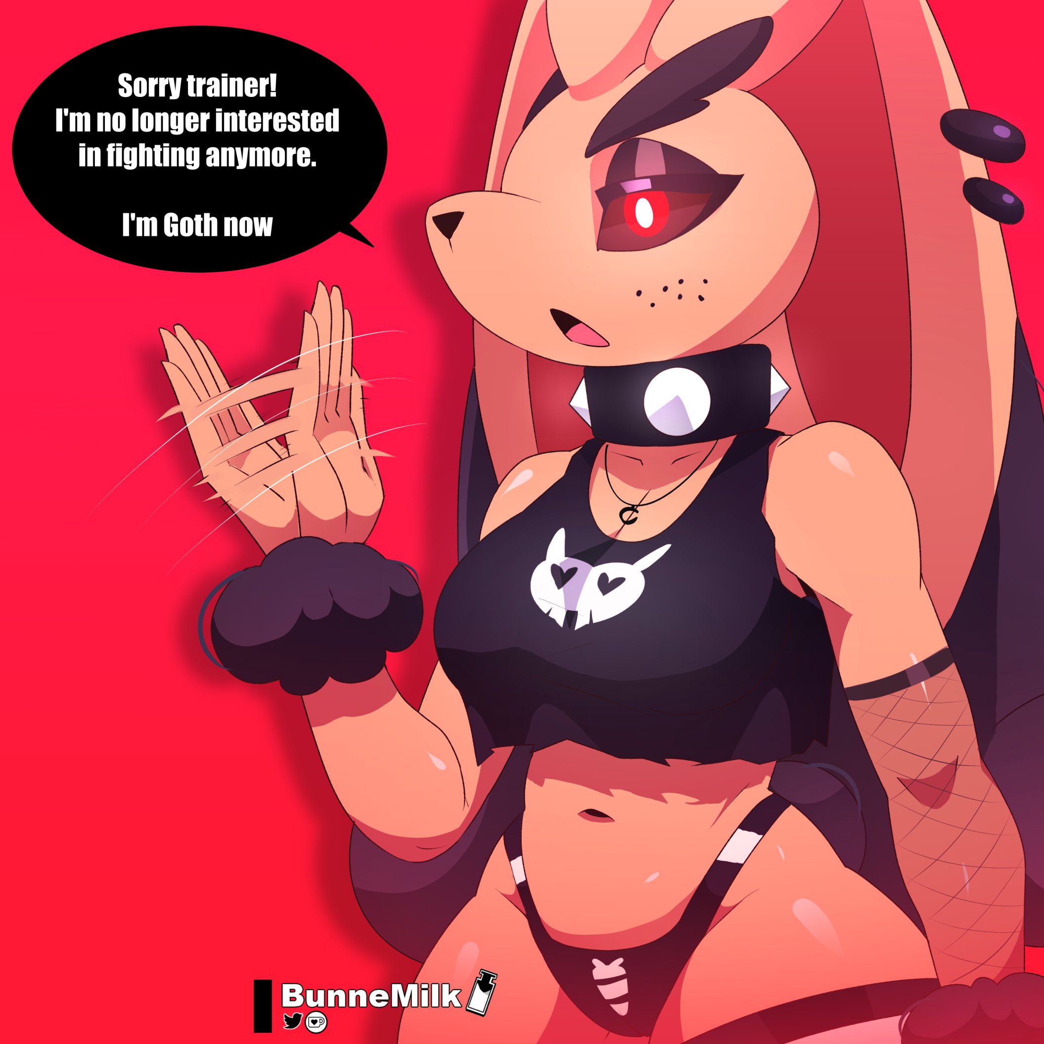 anthro, big breasts, black fur, black hair, breasts, bunnemilk, clothed, clothing, dialogue, english text, female, fur, furry, furry only, goth, hi res, lopunny, nintendo, pokémon (species), pokemon, pokemon (species), solo, text, thick thighs, wide hips