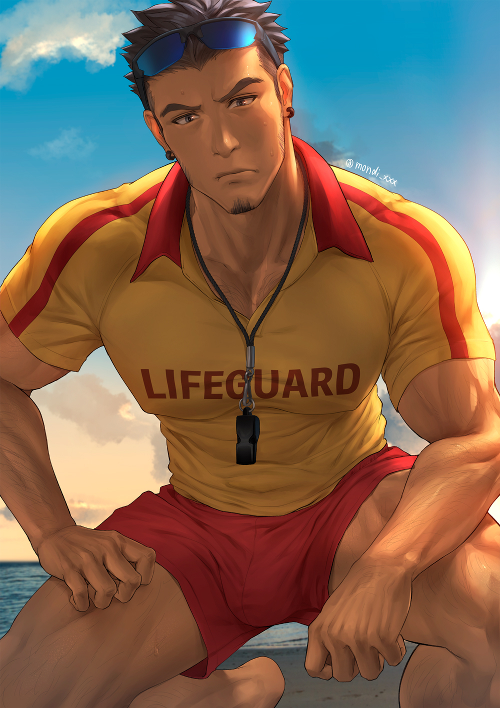 1boy abs bara bara_tiddies bara_tits biceps big_pecs black_hair bulge chest_hair clothed clothing earrings facial_hair gay goatee hairy hairy_arms hairy_chest hairy_male hairy_thighs hand_on_thigh hi_res highres human kneeling lifeguard looking_at_viewer male male_focus male_only male_pubic_hair manboobs mondi_xxx moobs muscles muscular muscular_male muscular_thighs nipple_bulge nipples outdoors outside pecs pectoral_bulge pectorals range_(mondi_xxx) red_shorts shirt shorts solo solo_male sunglasses sunglasses_on_head twitter_user_oc whistle whistle_around_neck yellow_shirt