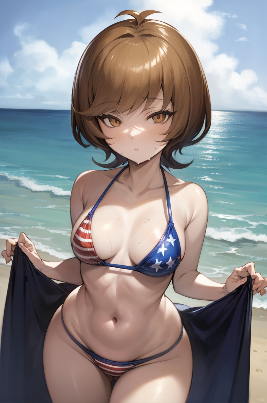 ai_generated american_flag_bikini beach bikini blue_angel blush brown_hair eroeroai female looking_at_viewer navel shy sweatdrop yu-gi-oh! yu-gi-oh!_vrains zaizen_aoi