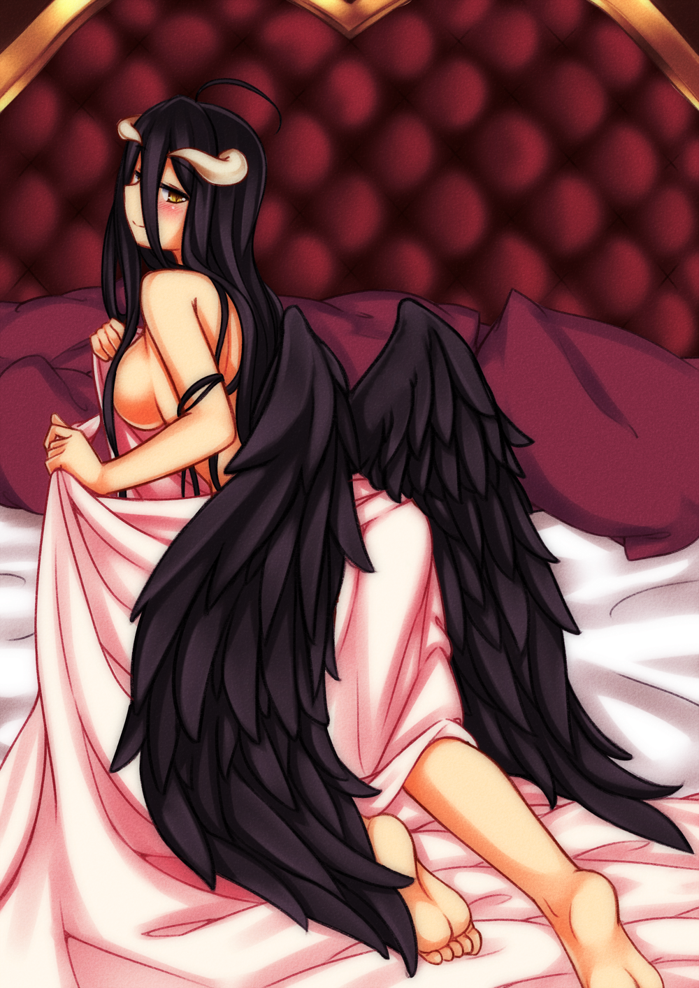 albedo_(overlord) bed_sheet big_breasts completely_nude_female minaha_(playjoe2005) overlord_(maruyama) sideboob succubus tagme