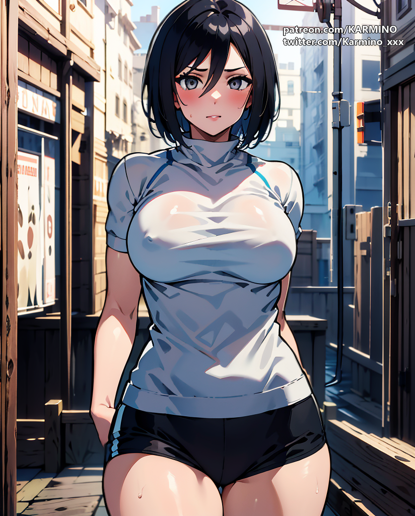 ai_generated attack_on_titan big_breasts black_hair female gym_clothes gym_uniform karmino mikasa_ackerman shingeki_no_kyojin voluptuous voluptuous_female