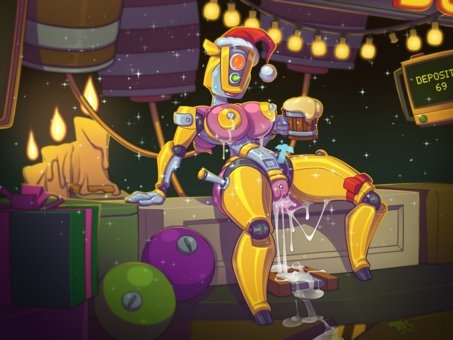 alcohol, alternate version at source, alternate version available, big breasts, bosco (deep rock galactic), breasts, cum, d.o.l.l., deep rock galactic, female, leaking cum, leaking nipples, pussy, revealing pussy, robot girl, sparkles, turk128, wide hips