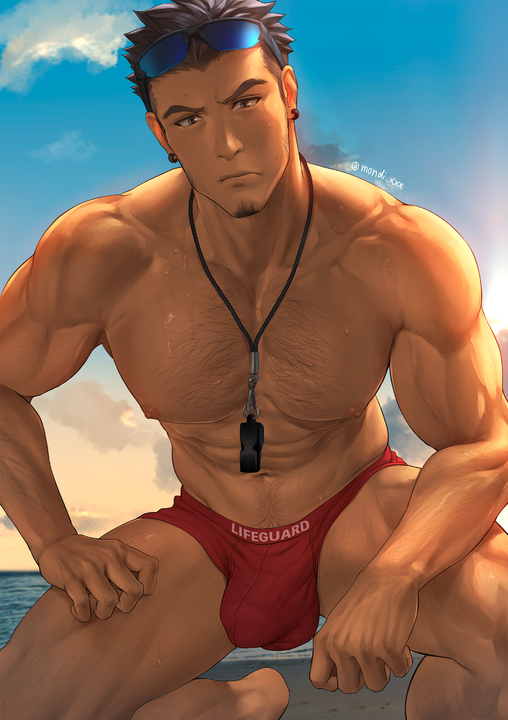 1boy 1male abs bara biceps big_bulge black_hair bulge chest_hair earrings facial_hair gay goatee hairy hairy_arms hairy_chest hairy_male hairy_thighs hand_on_thigh happy_trail hi_res highres huge_bulge human human_only kneeling lifeguard looking_at_viewer male male_focus male_only male_pubic_hair mondi_xxx muscles muscular muscular_male muscular_thighs nipples outdoors outside pecs pectorals penis_outline range_(mondi_xxx) red_speedo red_underwear solo solo_male speedo speedo_only sunglasses sunglasses_on_head sweat sweatdrop sweating sweaty twitter_user_oc underwear underwear_only whistle whistle_around_neck