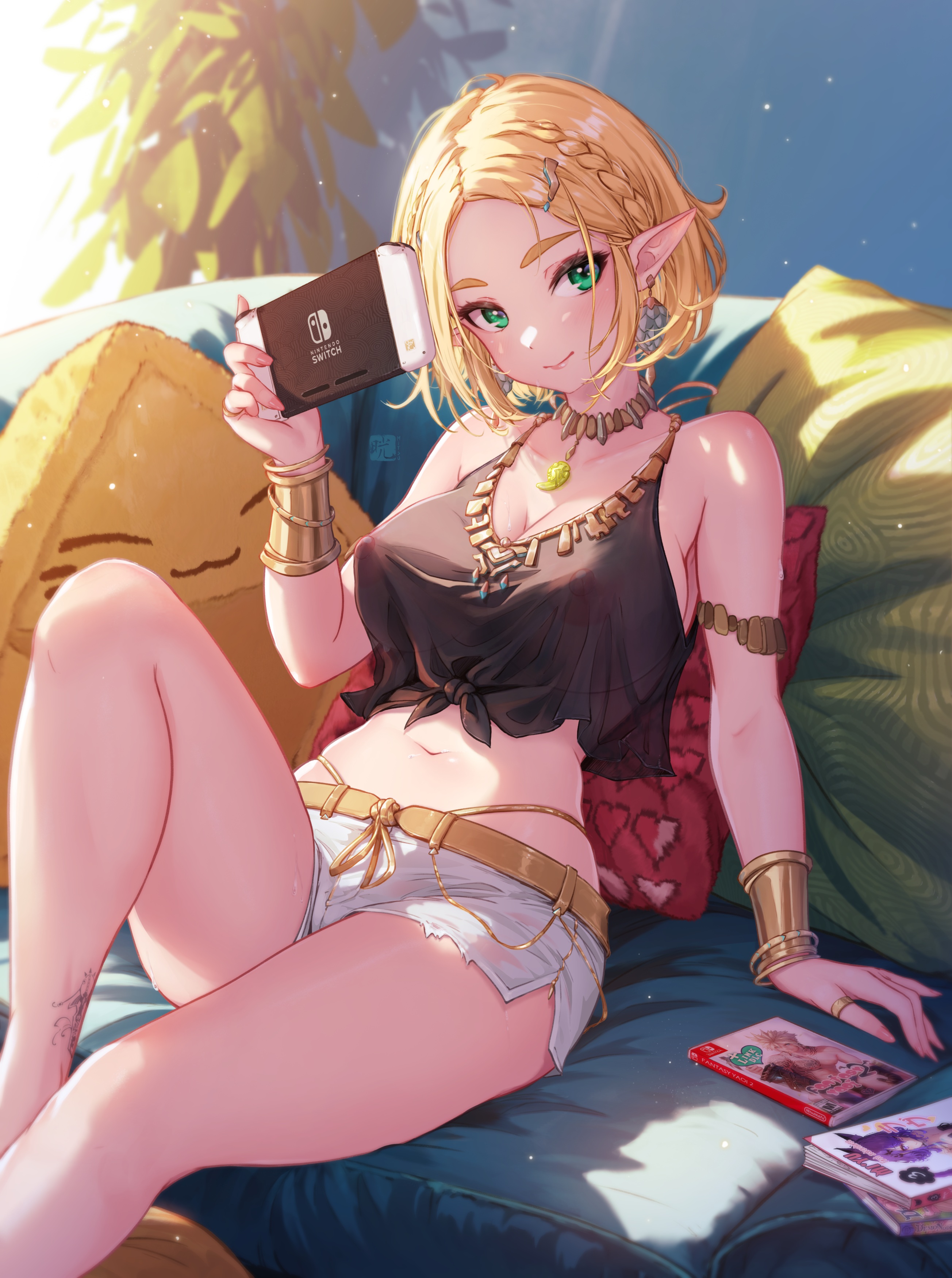 1girls, 2023, absurd res, armwear, bangle, blonde hair, cleavage, clothing, couch, earrings, electronics, female, game console, green eyes, handheld game console, hi res, humanoid, hylian, jewelry, lens flare, looking at viewer, mitsu art, navel, neckwear, nintendo, nintendo switch, nipples, nipples visible through clothing, pale skin, pointy ears, princess zelda, see-through, short hair, short shorts, sitting, smooth skin, solo, tears of the kingdom, the legend of zelda, zelda (tears of the kingdom)