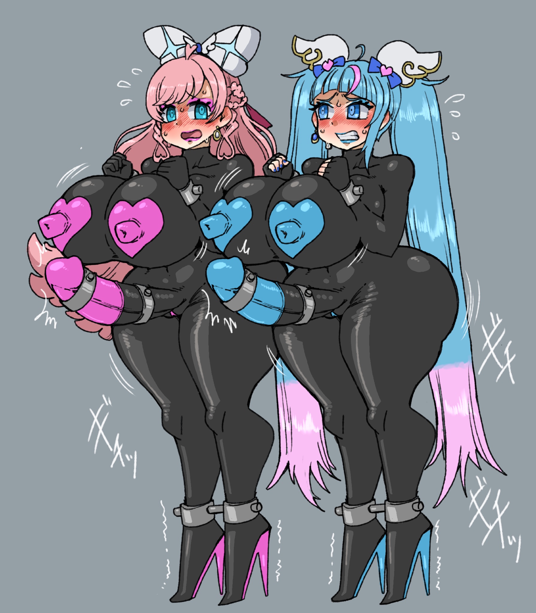 2futas, ass, blue eyes, bodysuit, breasts, clothed, clothing, covered nipples, duo, erection, female, futa only, futa sans balls, futanari, high heels, huge ass, huge breasts, huge cock, humanoid, humanoid penis, intersex, latex, latex futa, long hair, metamorgirl, mostly nude, nipples, penis, pink hair, standing, thick thighs, twintails, wide hips