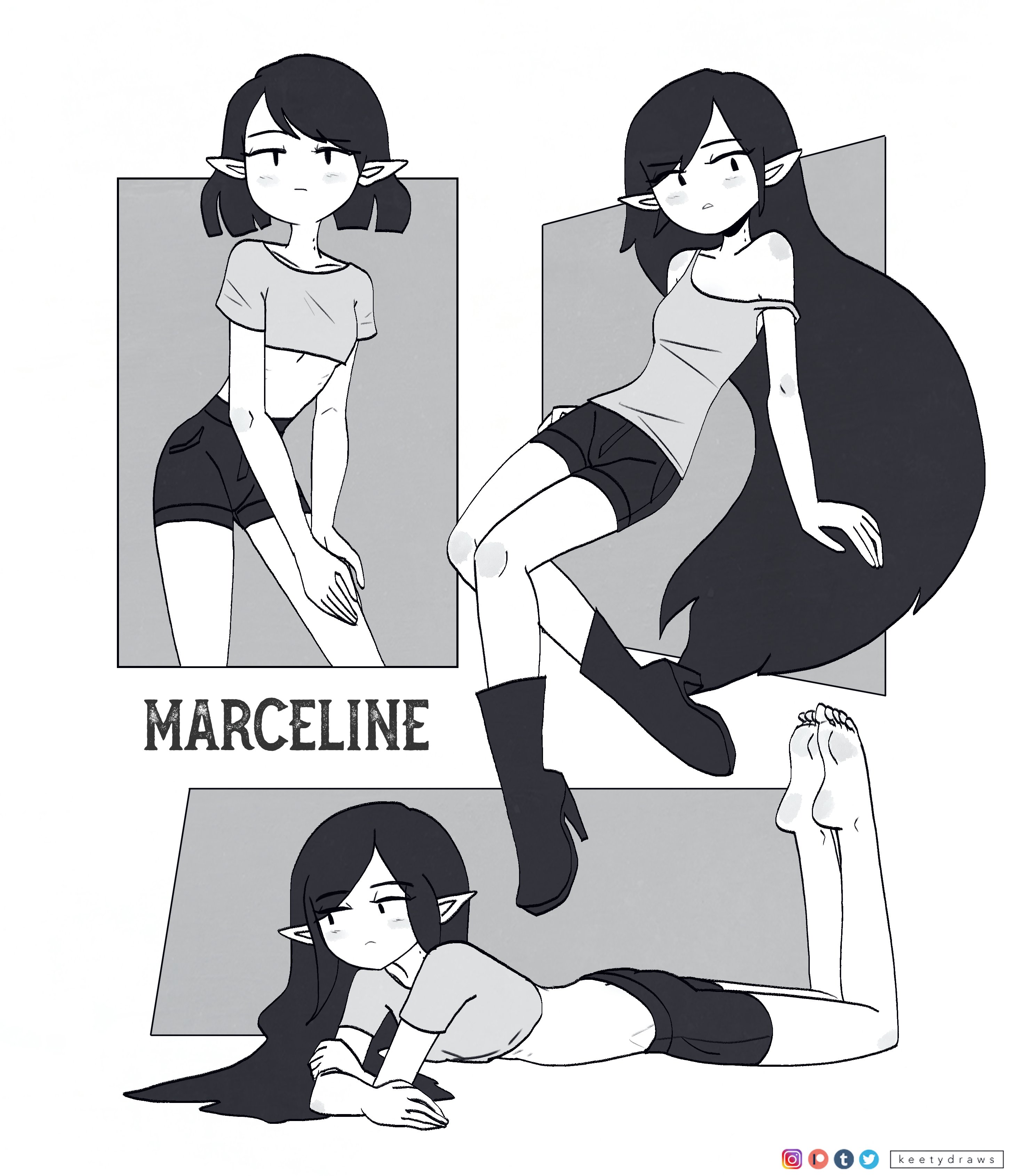 adventure time, black hair, clothing, cute, different poses, feet up, female, high heels, humanoid, keetydraws, light skin, light-skinned female, long hair, marceline, marceline abadeer, marceline the vampire queen, pale skin, pale-skinned female, pointy ears, short hair, smooth skin, vampire, vampire girl