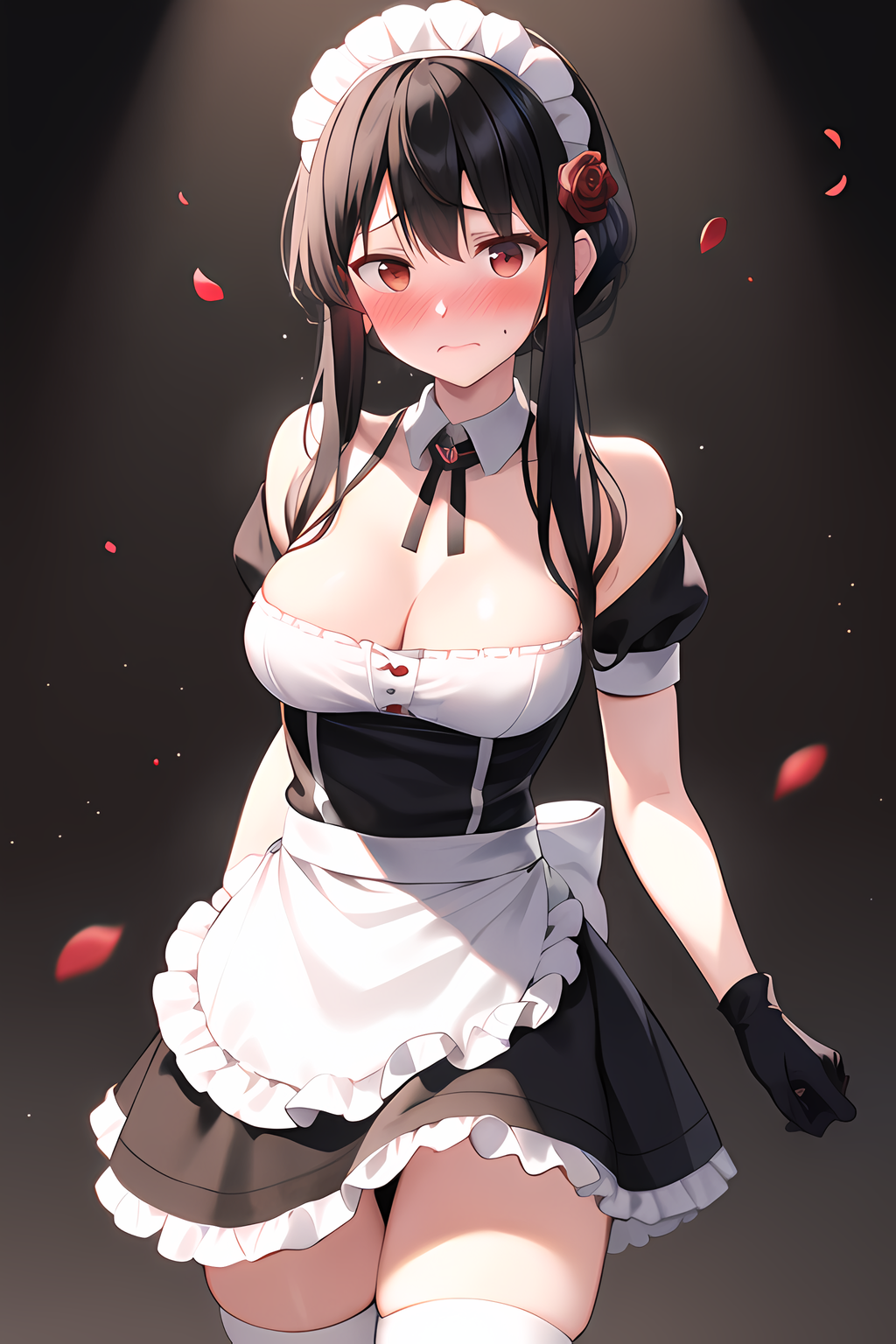 ai_generated assassin bare_shoulders black_gloves black_hair blush_lines cleavage embarrassed french_maid maid maid_apron maid_uniform pekoyaya petals spy_x_family thighhighs thorn_princess yor_briar yor_forger