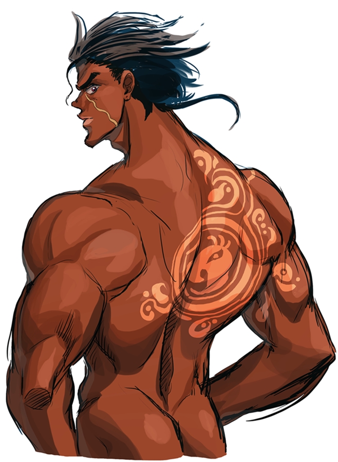 1boy back_focus back_view black_hair dark-skinned_male dark_skin jojo's_bizarre_adventure looking_at_viewer looking_back male male_only mohammed_avdol simple_background solo solo_male stardust_crusaders