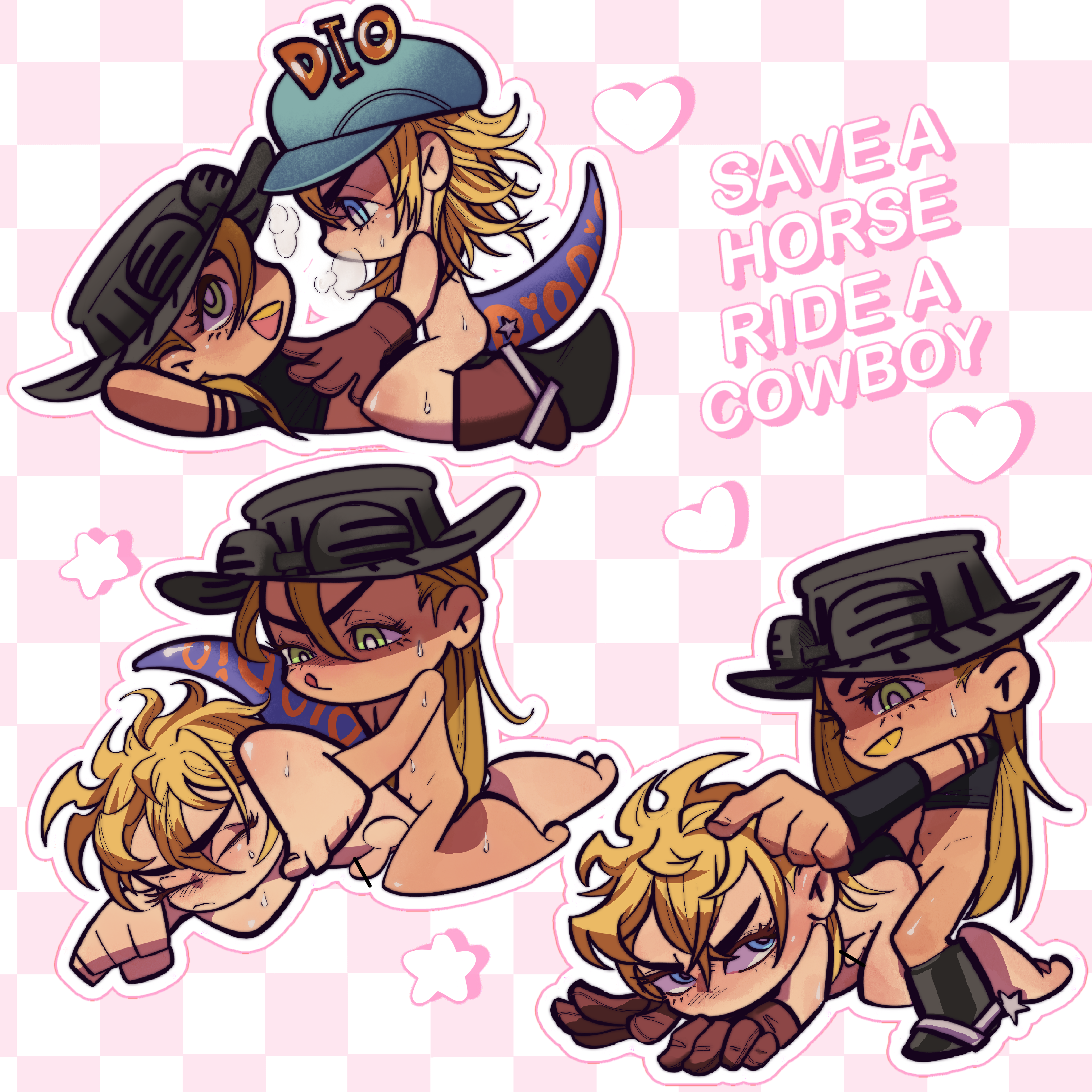 2boys, adorable, anal, checkered background, chibi, cowboy hat, diego brando, gay, gyro zeppeli, hat, hat stays on during sex, humor, jojo's bizarre adventure, male, male only, male penetrating male, multiple poses, penetration, steel ball run, text, yaoi