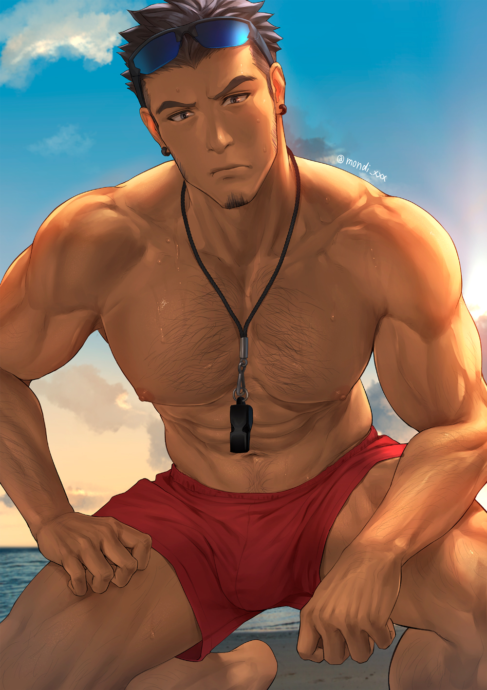 1boy 1male abs bara biceps black_hair bulge chest_hair earrings facial_hair gay goatee hairy hairy_arms hairy_chest hairy_male hairy_thighs hand_on_thigh happy_trail hi_res highres human human_only kneeling lifeguard looking_at_viewer male male_focus male_only male_pubic_hair mondi_xxx muscles muscular muscular_male muscular_thighs nipples outdoors outside pecs pectorals range_(mondi_xxx) red_shorts shorts shorts_only solo solo_male sunglasses sunglasses_on_head sweat sweatdrop sweating sweaty topless topless_male twitter_user_oc whistle whistle_around_neck