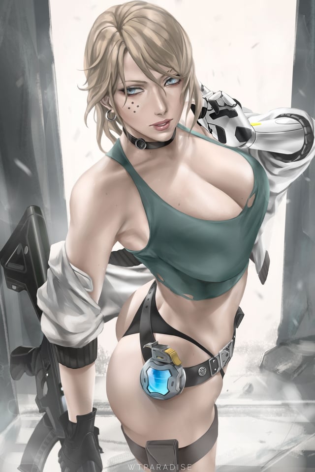 blonde hair, blue eyes, cybernetic arm, deadlock (valorant), female, light skin, light-skinned female, solo, valorant, white hair, wtparadise