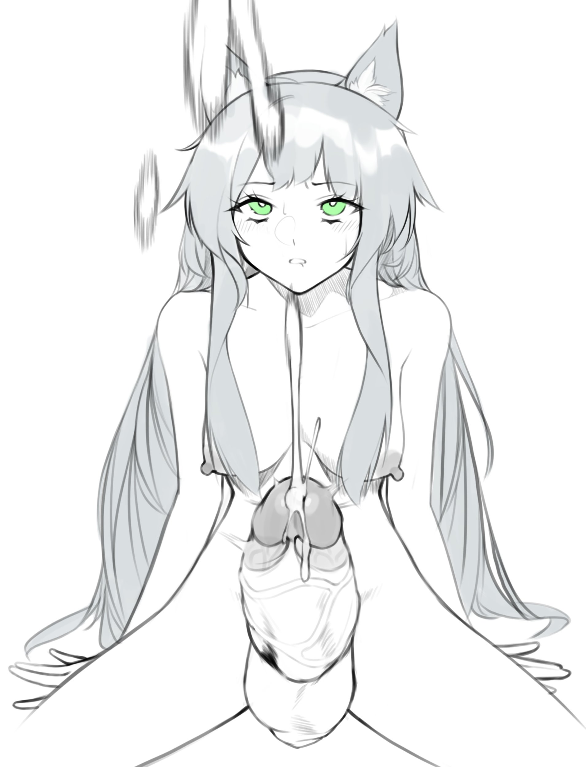 1futa, animal ears, areolae, arknights, balls, breasts, cat ears, cat girl, catgirl, cock pointing towards viewer, cum, ejaculation, erection, female, front view, futa only, futanari, green eyes, hands-free, handsfree ejaculation, huge cock, humanoid, humanoid penis, intersex, kal'tsit (arknights), kemonomimi, nipples, norunollu, nude, orgasm, penis, rolling eyes, sitting, sketch, solo