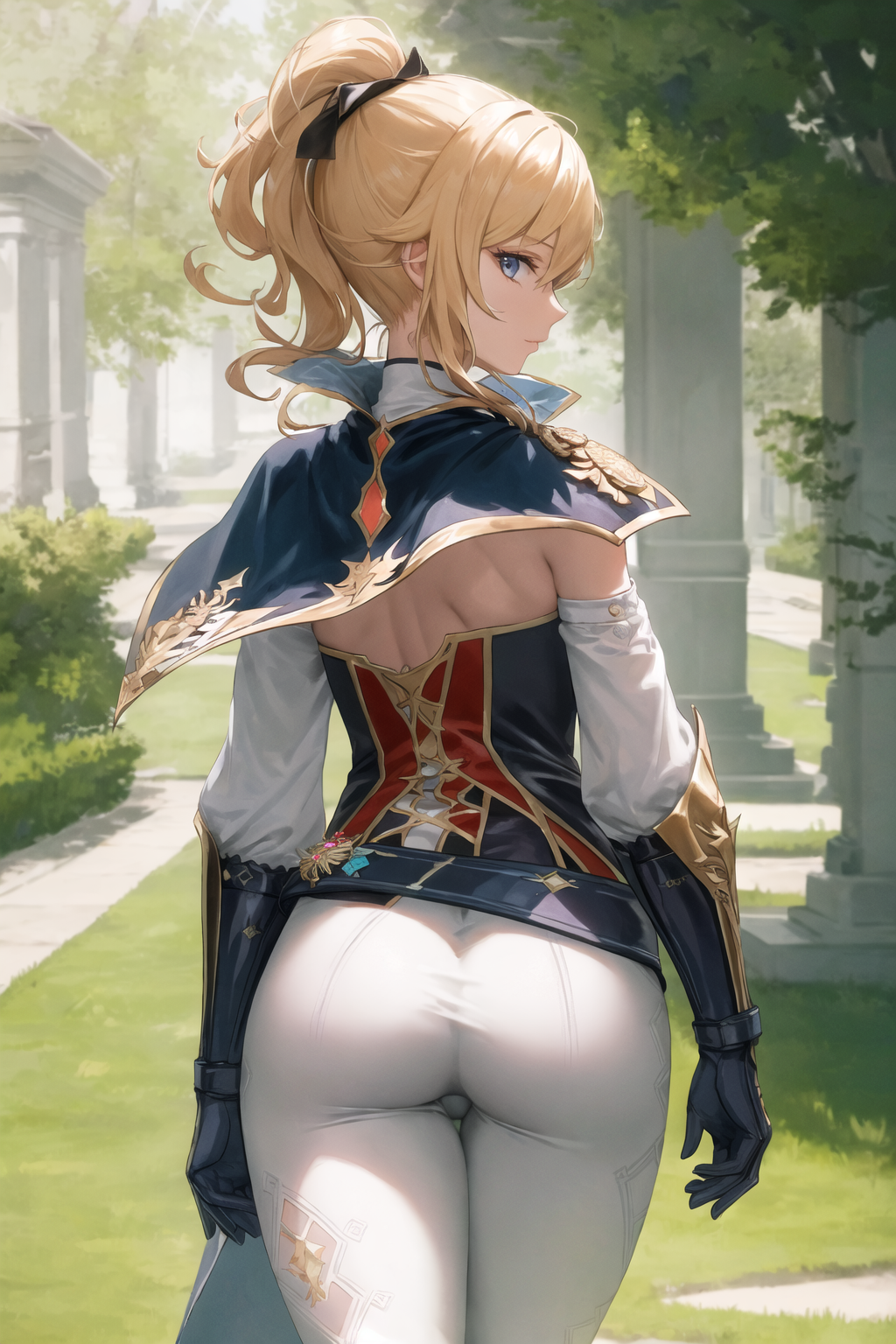 ai generated, ass, ass focus, blonde hair, blue eyes, blush, cameltoe, capelet, detached sleeves, female, from behind, genshin impact, gloves, hairbow, jean gunnhildr, long hair, looking at viewer, looking back, pants, ponytail, pussy, shiny, shiny clothes, shiny hair, shiny skin, smile, solo, tight pants