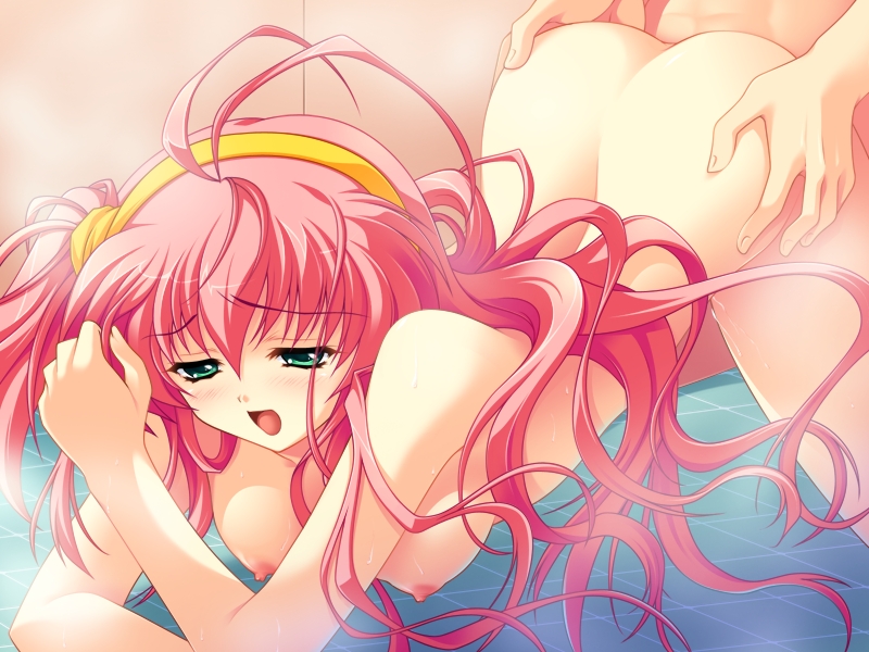 all_fours bathroom blush breasts dual_ahoge green_eyes hair_antennae nipples nostradamus_ni_kiite_miro nude pink_hair sex sex_from_behind stra