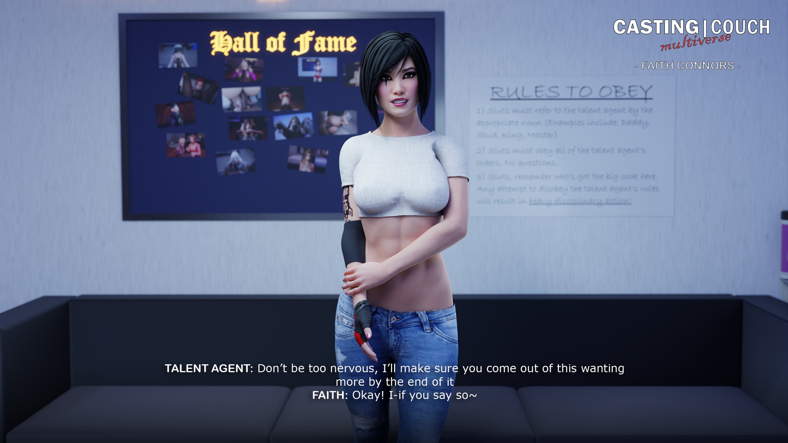 1girls, 3d, abs, asian, asian female, black hair, breasts, casting couch, english, english text, faith connors, faith connors (mirror's edge catalyst), female, female only, fully clothed, imminent sex, jeans, light skin, light-skinned female, mirror's edge, mirror's edge catalyst, multiverse, solo, solo female, subtitles, talking to another, tattooed arm, tattoos, text, tscd rendering