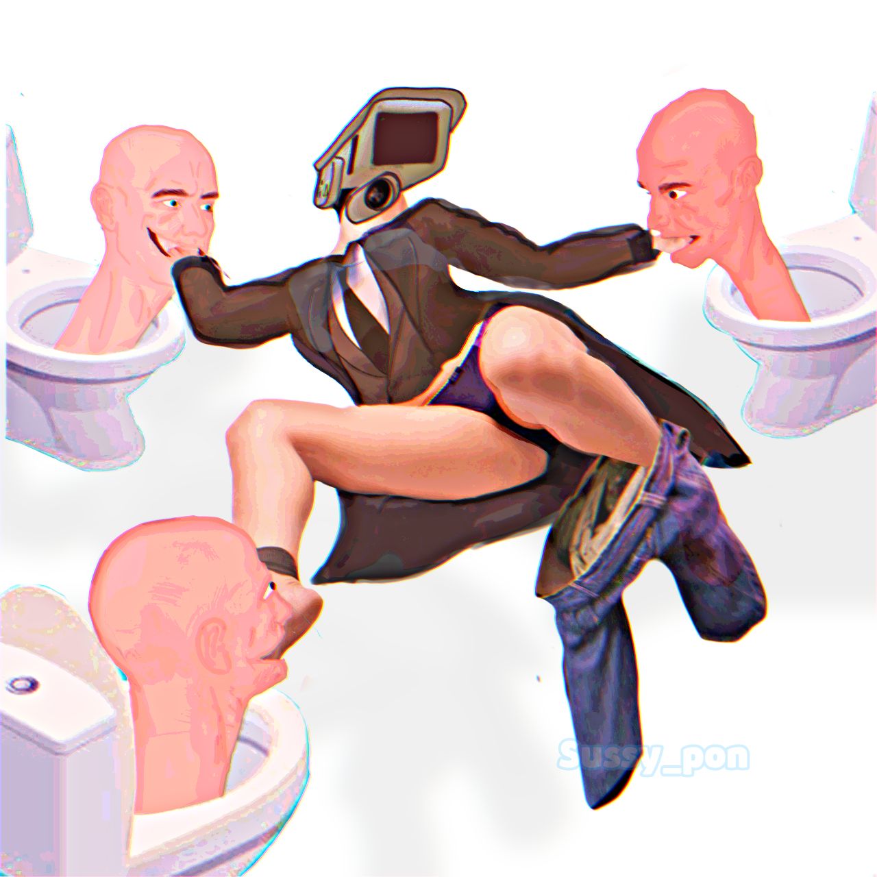 1girls 3boys brainrot camera camera_head camera_woman camera_woman_(skibidi_toilet) camerawoman camerawoman_(skibidi_toilet) costume dressed imminent_rape object_head self_upload skibidi_toilet skibidi_toilet_(skibidi_toilet) tie toilet underpants white_background