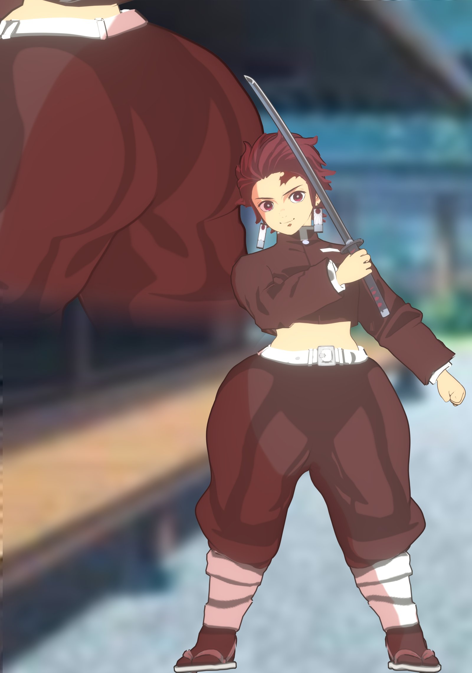 1boy, ass, ass focus, big ass, bottom heavy, crop top, demon slayer, fat ass, femboy, fully clothed, huge ass, kamado tanjirou, kimetsu no yaiba, loose clothes, male, male focus, male only, round ass, solo, thick ass, thick thighs, wide hips, xscapism