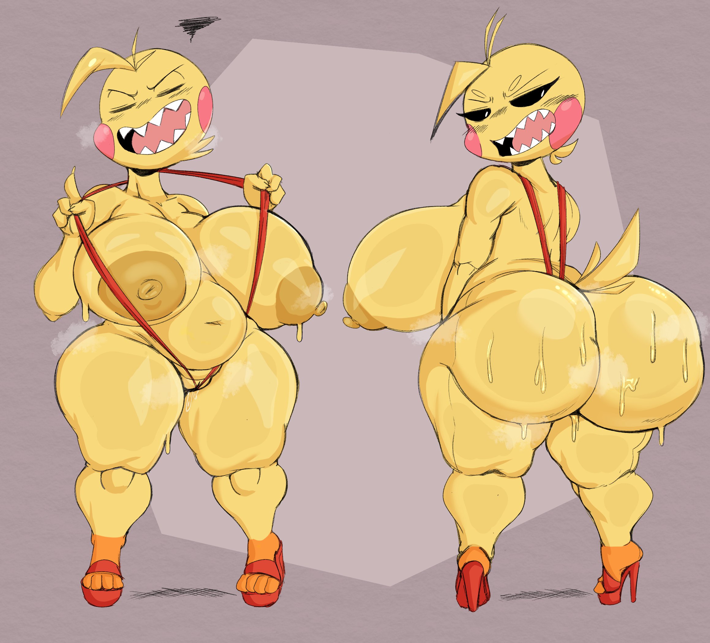 animatronic, anthro, areola, ass, avian, beakless, big ass, big breasts, big butt, bikini, bird, black sclera, bodily fluids, breasts, cellulite, chicken, closed eyes, clothing, feathers, female, five nights at freddy's, five nights at freddy's 2, footwear, galliform, gallus (genus), genitals, hi res, high heels, huge ass, huge breasts, huge butt, ineffective clothing, leg markings, looking back, machine, markings, navel, nipples, non-mammal breasts, open mouth, phasianid, purple yoshi draws, pussy, robot, scottgames, sharp teeth, side boob, slightly chubby, sling bikini, socks (marking), solo, sweat, sweaty ass, sweaty butt, swimwear, tail feathers, teeth, thick thighs, toy chica (fnaf), white eyes, wide hips, yellow areola, yellow body, yellow nipples