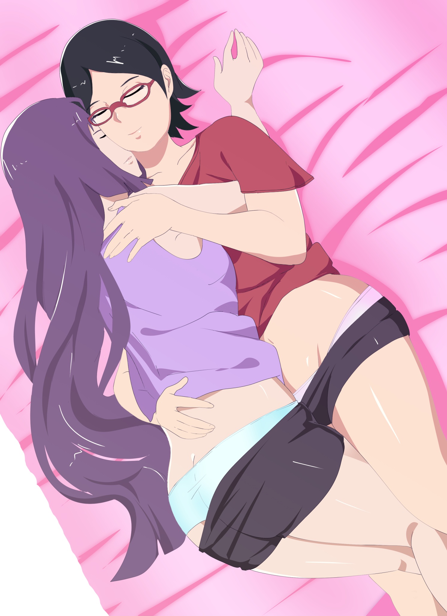 2girls, ass, ass crack, bed, black hair, boruto: naruto next generations, butt crack, closed eyes, clothing, cuddling, female, female only, female/female, glasses, hugging, kakei sumire, lickliking, lying, lying on back, lying on bed, lying on person, multiple females, multiple girls, naruto, naruto (series), on bed, panties, panties down, petite, purple hair, sarada uchiha, shirt, shorts, shorts down, smile, tank top, teenage female, teenager, uchiha sarada, young, younger female, yuri