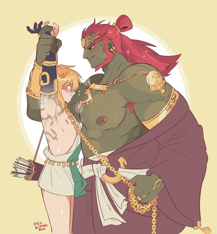 2boys absurdres archaic_set_(zelda) arm_tattoo armpit_hair arms_up asymmetrical_clothes blonde_hair blush bracer captive chains chest_hair dark-skinned_male dark_skin ganondorf ganondorf_(tears_of_the_kingdom) gay grabbing_another's_arm hair_bun height_difference highres imminent_sex large_pectorals leash link link_(tears_of_the_kingdom) male multiple_boys muscular muscular_male nipples pectorals power_imbalance quiver red_hair refrainbow size_difference smile tattoo tears_of_the_kingdom the_legend_of_zelda topknot yaoi