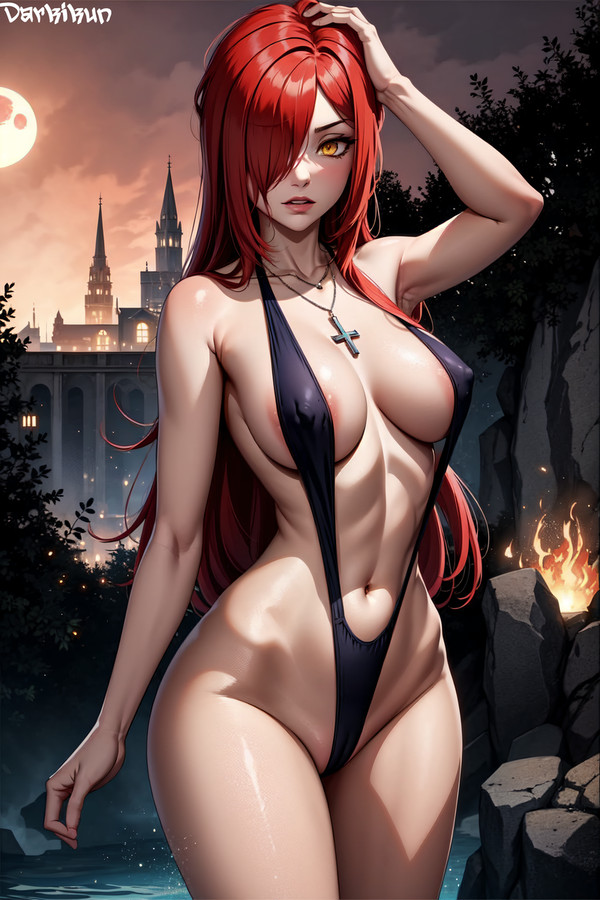 1girls, 2023, ai generated, bikini, female, hi res, long hair, parasoul, red eyes, red hair, skullgirls, stable diffusion, tagme