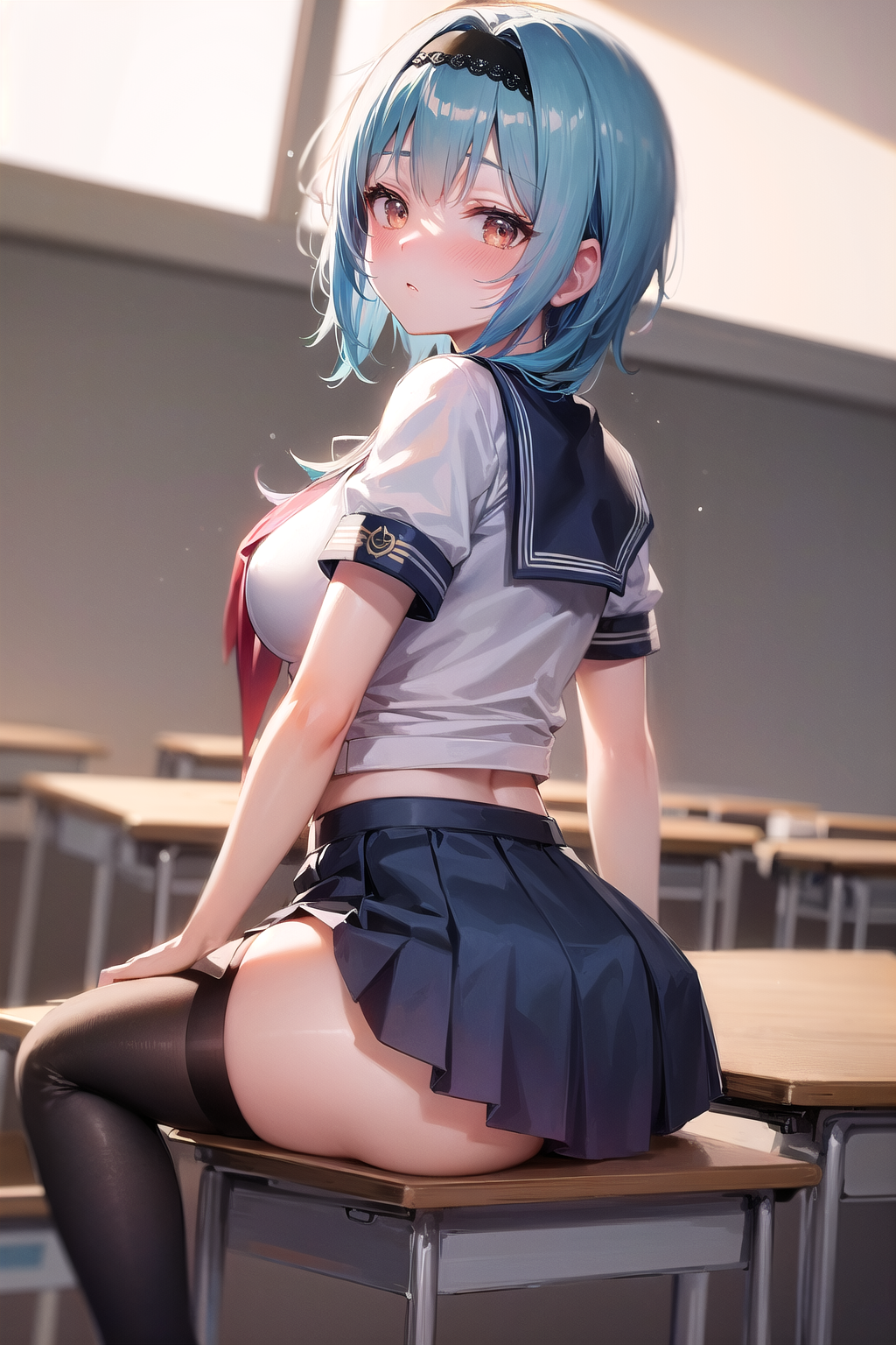 1girls, ai generated, classroom, curvaceous, curvy body, curvy female, eula (genshin impact), female, female focus, female only, genshin impact, school uniform, schoolgirl, stable diffusion, voluptuous, voluptuous female