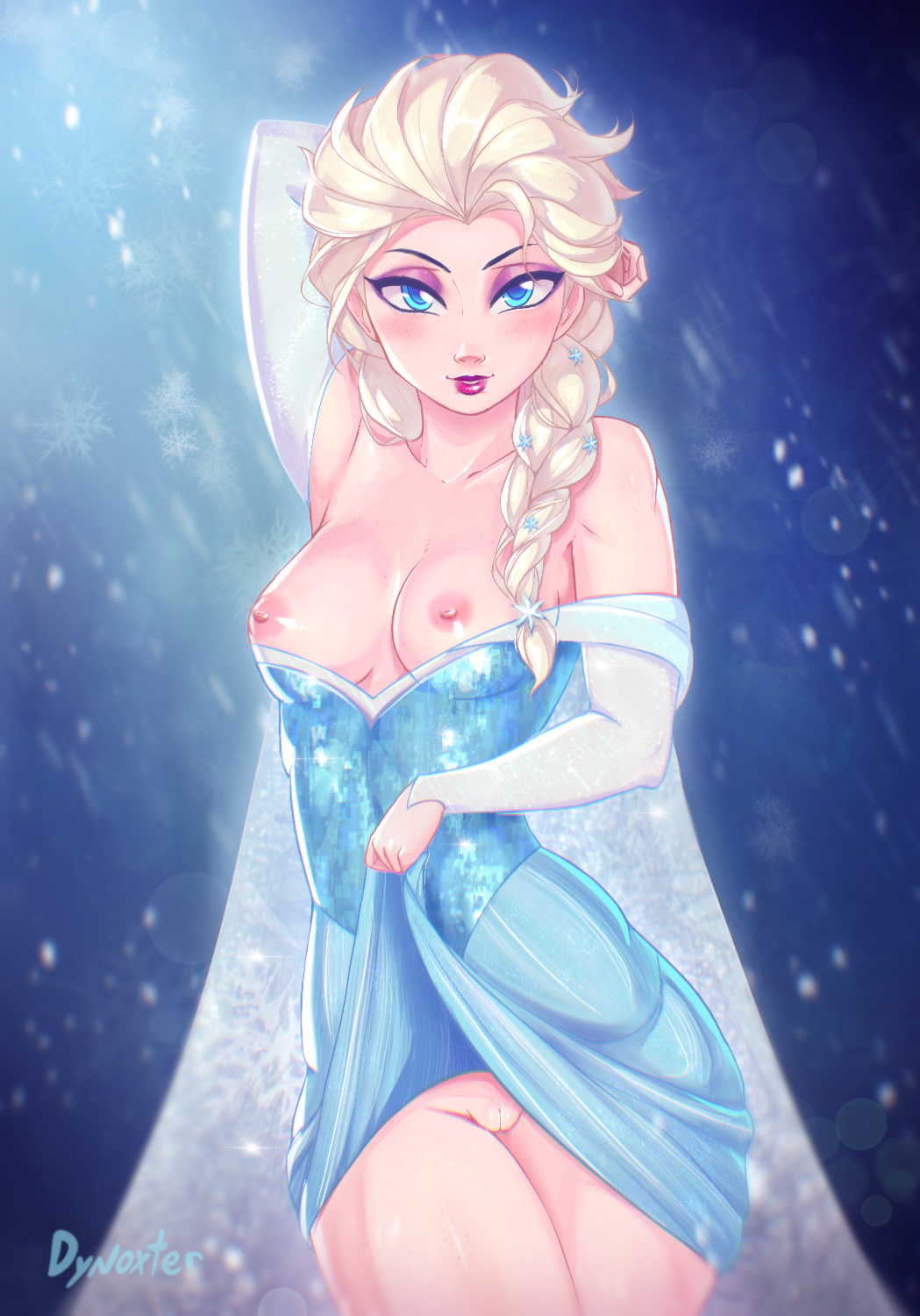 2023 arm_up blonde_hair blue_background blue_eyes blush braided_hair braids breasts disney dress dress_lift dynoxter elsa_(frozen) female female_focus female_only frozen_(film) lipstick nipples purple_eyeshadow pussy snow thick_thighs thighs