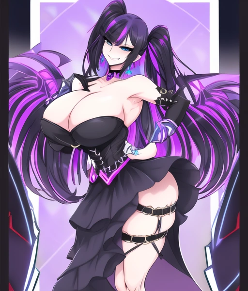 1female 1girls 2d 4:5 ai_generated armpits arms armwear ass big_ass big_breasts big_thighs black_and_purple_hair black_eyeshadow blue_eyes breasts breasts_bigger_than_head busty choker corset ear earrings eyelashes eyes eyeshadow female female_focus female_only grin hourglass_figure huge_breasts huge_thighs light-skinned_female long_hair looking_at_viewer lustful_gaze massive_breasts mouth multicolored_hair neck pointed_ears pointy_chin pointy_ears questionable safe_for_work seductive seductive_gaze seductive_look seductive_smile shoulders smiling_at_viewer stable_diffusion standing staring_at_viewer strapless strapless_dress thick thick_breasts thick_thighs thigh_slit thigh_strap thighs twintails wide_hips