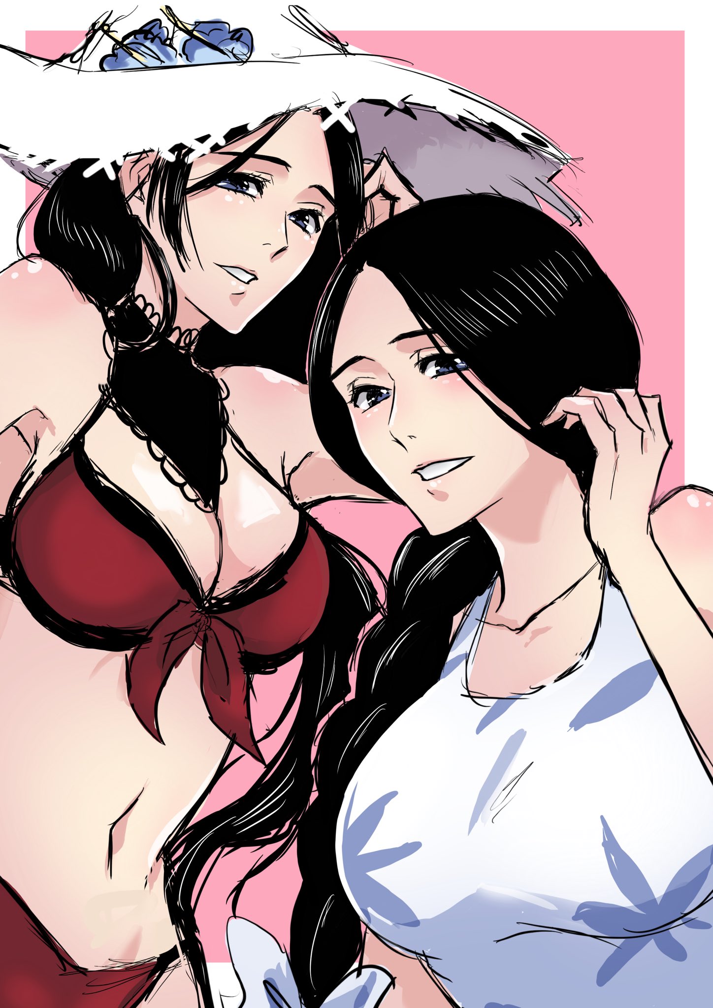 2girls, bikini, black hair, bleach, bleach brave souls, blue eyes, breasts, cleavage, female, hat, highres, large breasts, long hair, milf, navel, swimsuit, unohana retsu, upper body, voluptuous