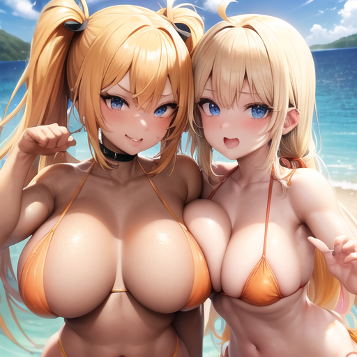 2girls ai_generated beach bikini blonde_hair blue_eyes boruko boruto:_naruto_next_generations choker father_and_son female female_only genderswap_(mtf) highres large_breasts multiple_girls naruko naruto naruto_(series) naruto_shippuden nemus_waifu_generator orange_bikini rubycks rule_63 sexy_no_jutsu toned toned_female twintails uzumaki_boruto uzumaki_naruto voluptuous voluptuous_female