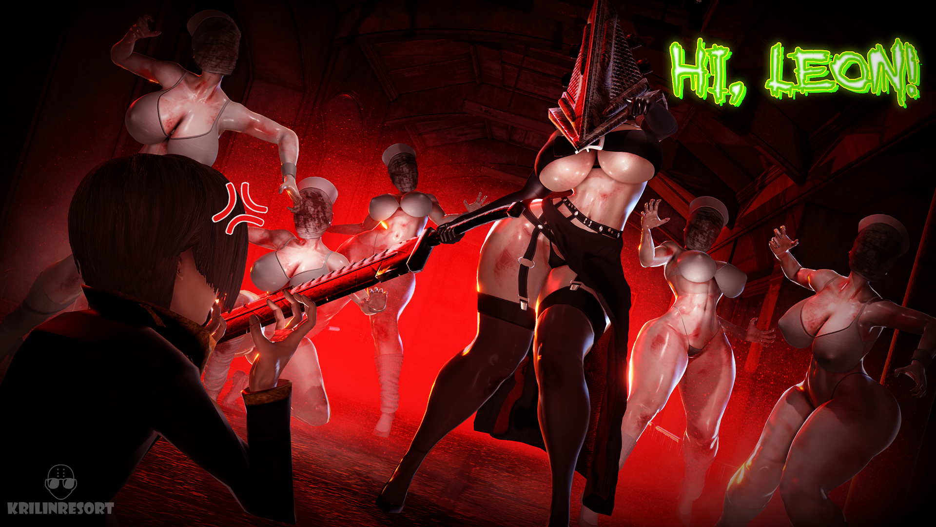 1boy, 1girls, 2023, 3d, 6girls, anger vein, artist name, big breasts, breasts, bubble head nurse, capcom, crossover, curvy, elbow gloves, english text, female, female pyramid head, genderswap, genderswap (mtf), gloves, high heels, holding object, holding weapon, huge breasts, human, humanoid, konami, krillinresort, large breasts, leon scott kennedy, light skin, light-skinned female, male, mature, monster, monster girl, multiple females, multiple girls, nurse (silent hill), nurse uniform, pyramid head, resident evil, rule 63, silent hill, silent hill homecoming, standing, stockings, text, thick thighs, villainess, voluptuous, wide hips