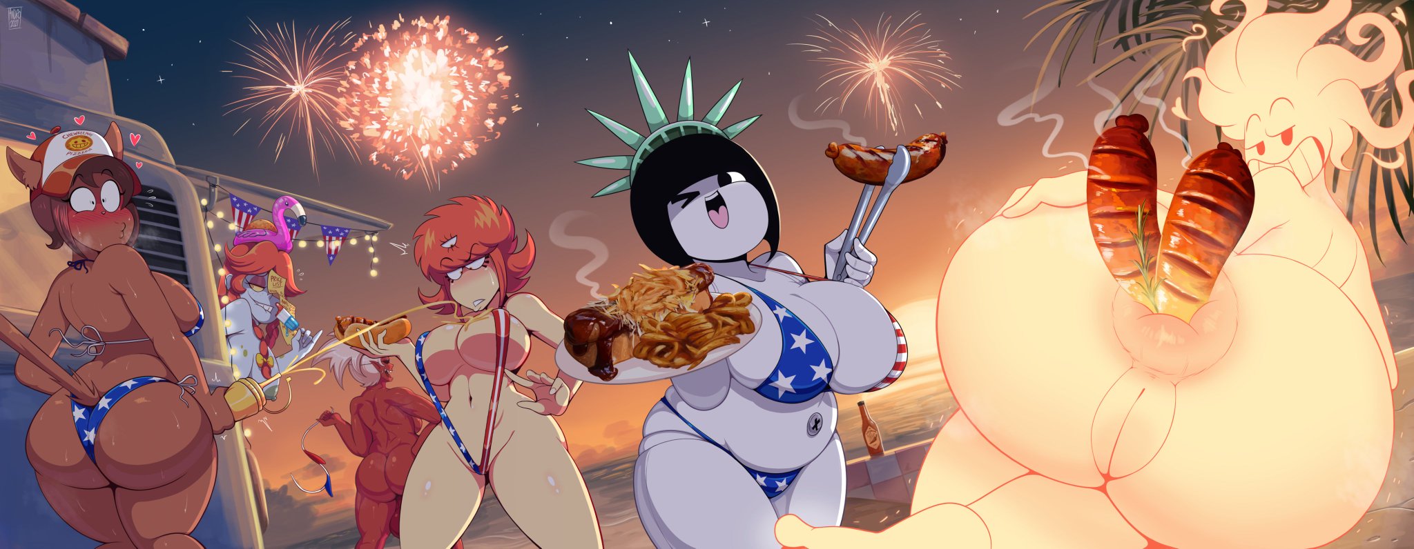 4th of july, 6+girls, american flag bikini, anal insertion, androjuniarto, anus, ass, big breasts, bikini, black eyes, black hair, blush, breasts, celebration, character request, dark skin, dark-skinned female, female, fireworks, food, huge ass, huge breasts, large breasts, looking at viewer, maid, maidbot (androjuniarto), multiple females, multiple girls, nude, orange hair, outdoors, plump, pussy, robot, robot girl, standing, thick thighs, wide hips, wink