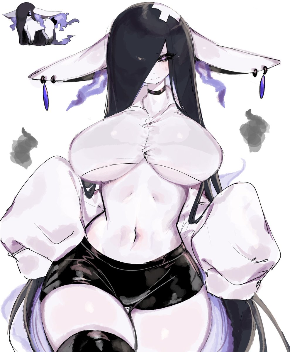 1girls, big breasts, black hair, breasts, choker, cute, ear piercing, earrings, eeveelution, embarrassed, eyeliner, female, female only, ghost, ghost girl, ghouleon, huge breasts, kemonomimi, large breasts, navel, nintendo, pokemon, pokemon (species), purple eyes, reference image, solo, solo female, solo focus, thick thighs, thigh gap, thighs, underboob, usa37107692, wide hips