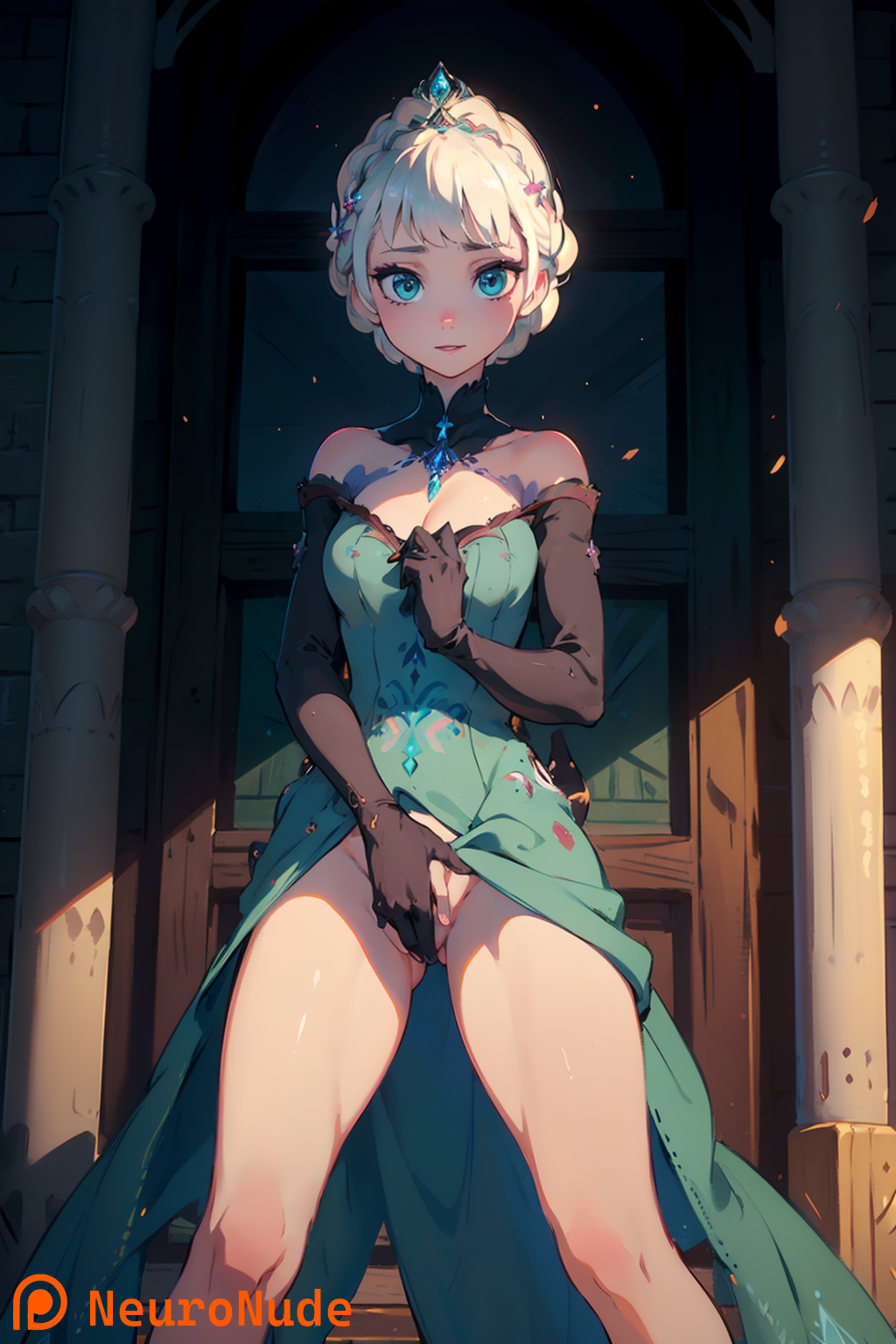 ai_generated blue_eyes disney dress dress_lift elsa_(frozen) female frozen_(film) looking_at_viewer neuronude no_panties smile smiling solo solo_focus stable_diffusion tagme white_hair