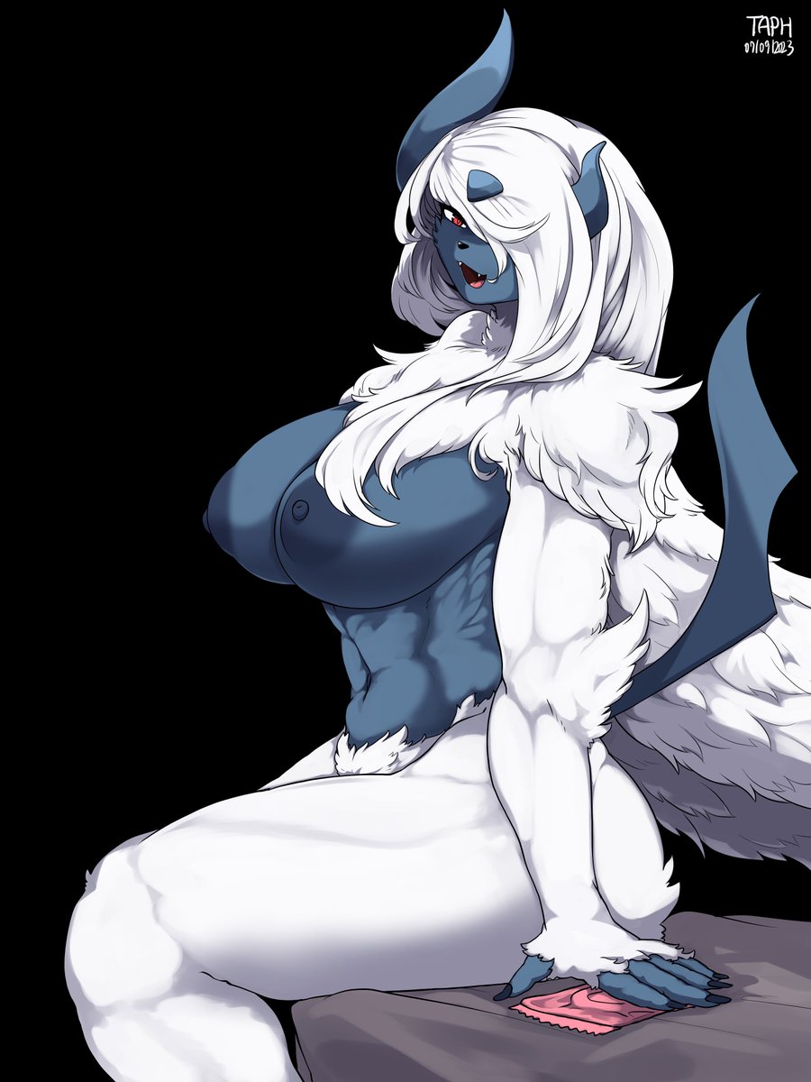 absol anthro anthrofied ass big_ass big_breasts black_body blue_body breasts color condom dark_nipples female female_focus fur furry generation_3_pokemon horn humanoid imminent_sex looking_at_viewer mega_absol mega_evolution muscular muscular_female nintendo nipples pokémon_(species) pokemon pokemon_(species) quality red_eyes simple_background smirking_at_viewer tail taphris teeth thick_thighs voluptuous voluptuous_female white_fur wings