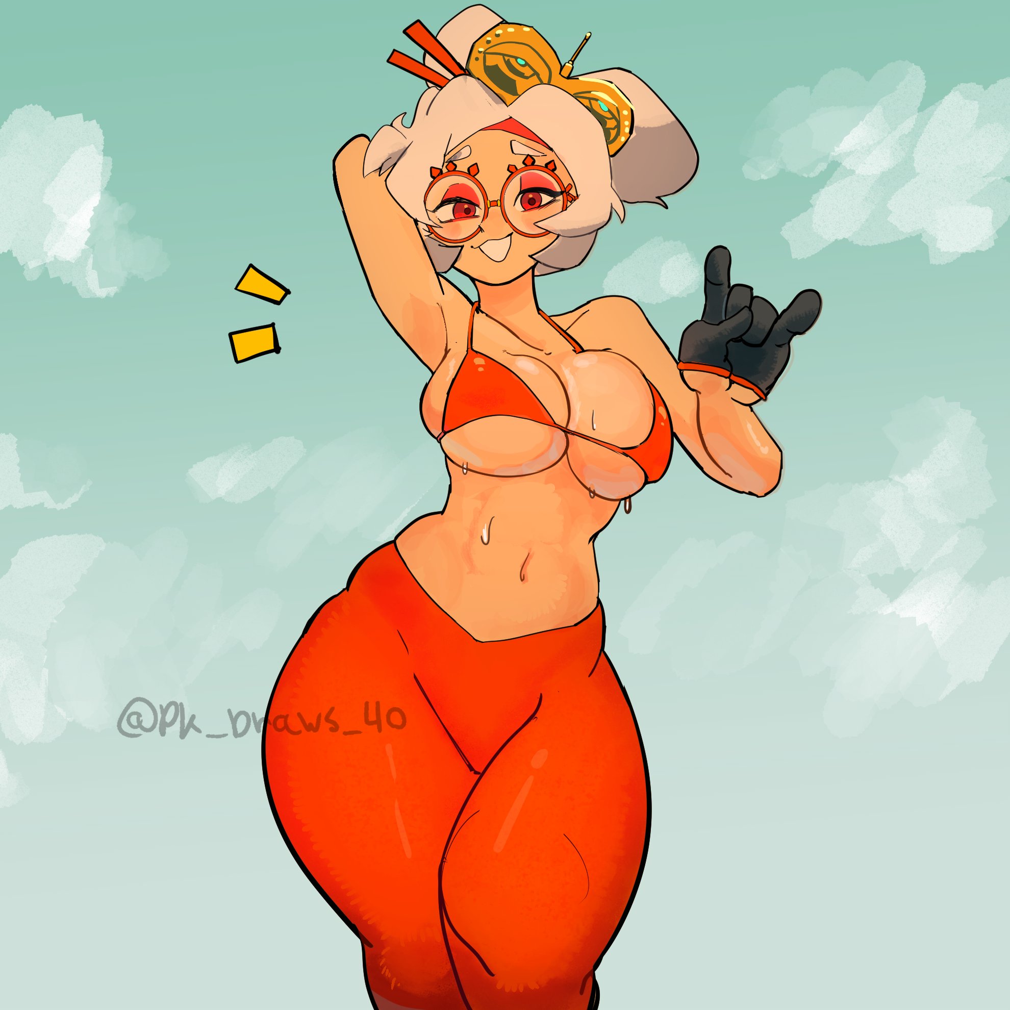 1girls, bikini, bikini top, breasts, female, glasses, large breasts, male, nintendo, pantyhose, penis, pk draws 40, purah, purah (tears of the kingdom), round glasses, solo, tears of the kingdom, the legend of zelda, thick thighs, underboob